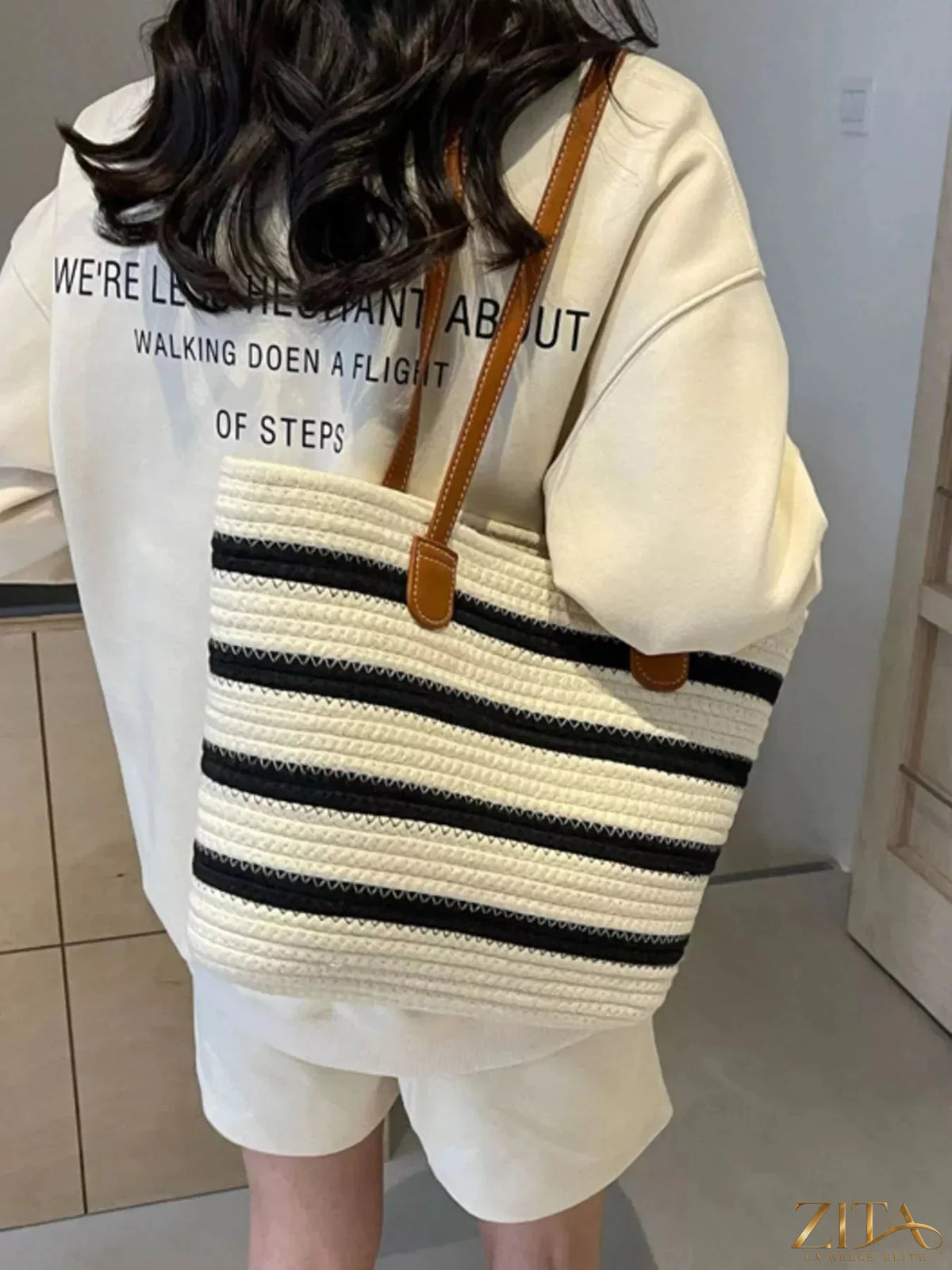 Zita La Belle Elite striped straw tote bag with leather handles, perfect for summer beach outings and casual carry.