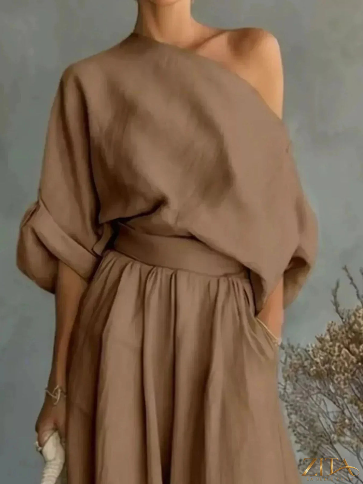 Zita La Belle Elite plus size one shoulder top and wide-leg pants set, stylish and comfortable, shown in natural pose.