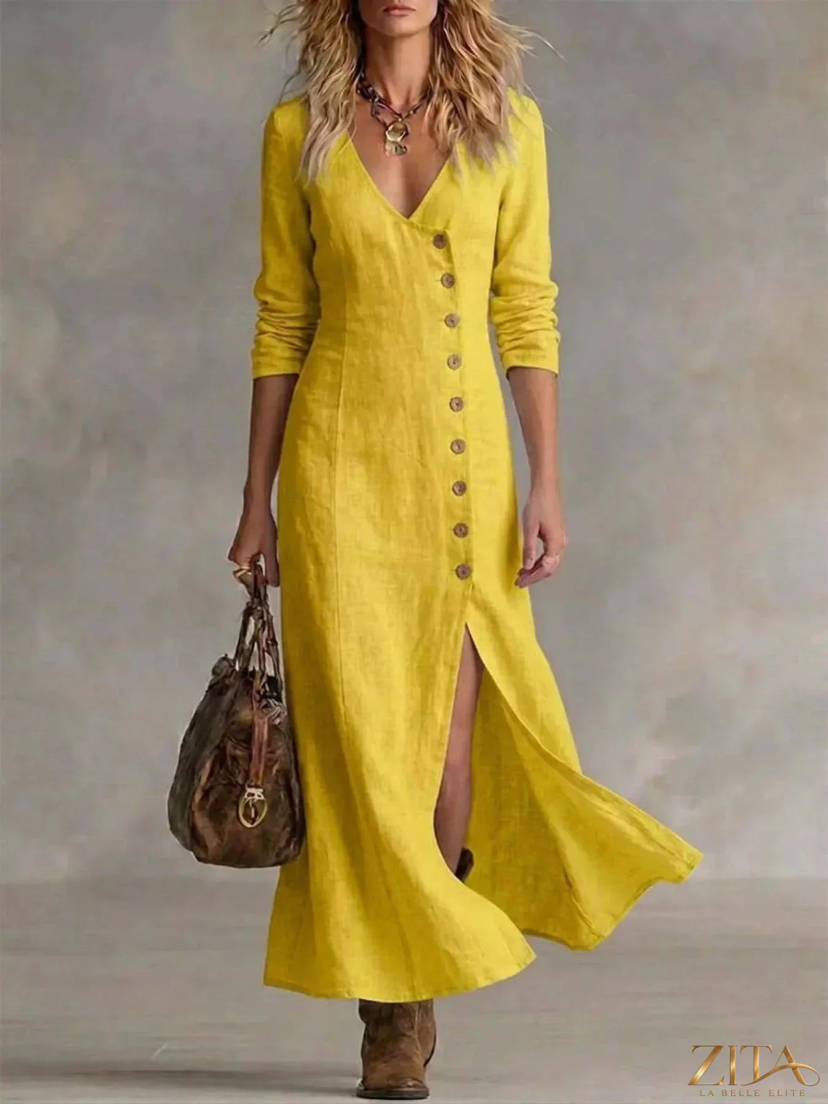 Zita La Belle Elite slit button-down midi dress featuring a flowy silhouette, long sleeves, and a front slit for elegant style.