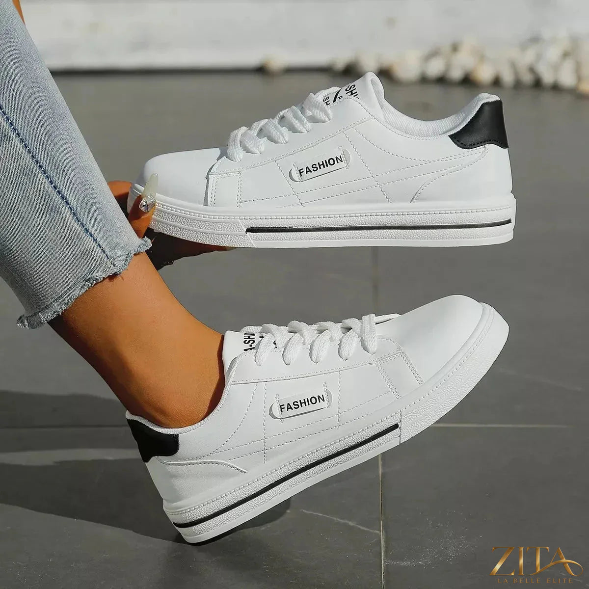 Zita La Belle Elite lace-up casual sneakers in white with stylish design and comfortable rubber soles.
