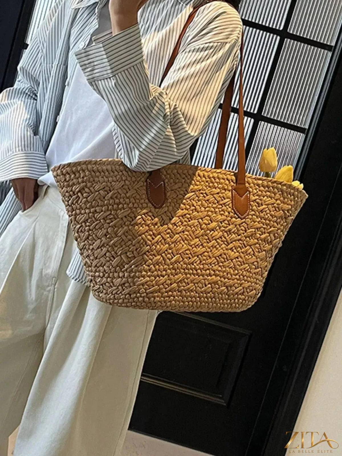 Zita La Belle Elite woven tote shoulder bag with leather handles, stylish and spacious for daily use and shopping.