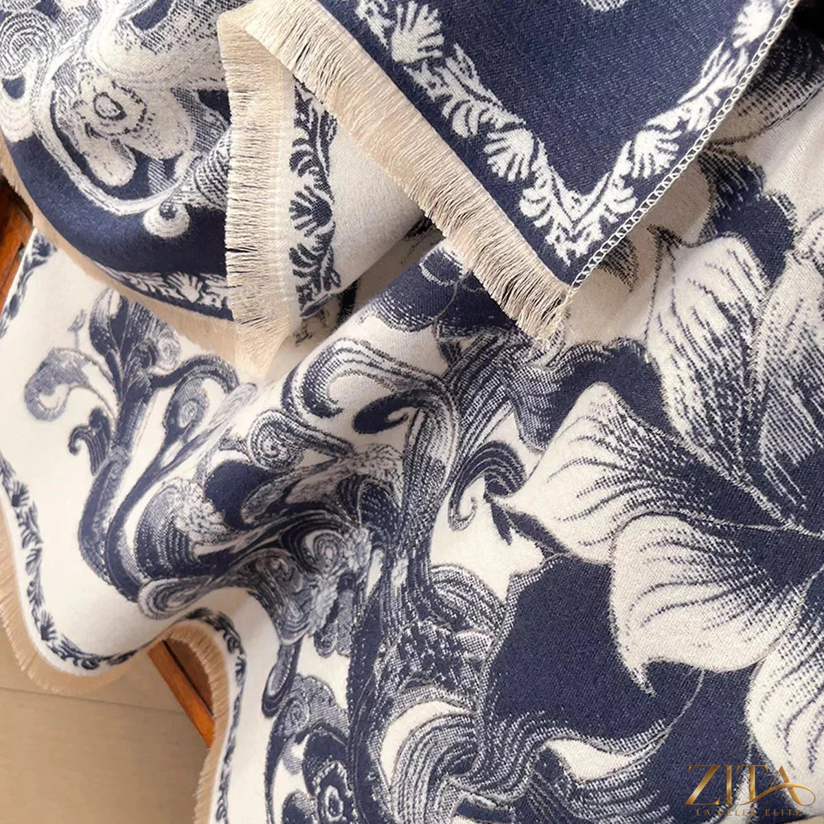 Zita La Belle Elite floral raw hem winter scarf with colorful floral pattern and fringed edges, perfect for cold weather.