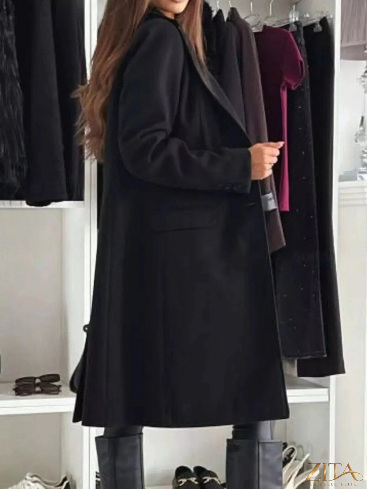 Zita La Belle Elite lapel collar long sleeve coat with tailored fit, featuring a classic design and button closure.