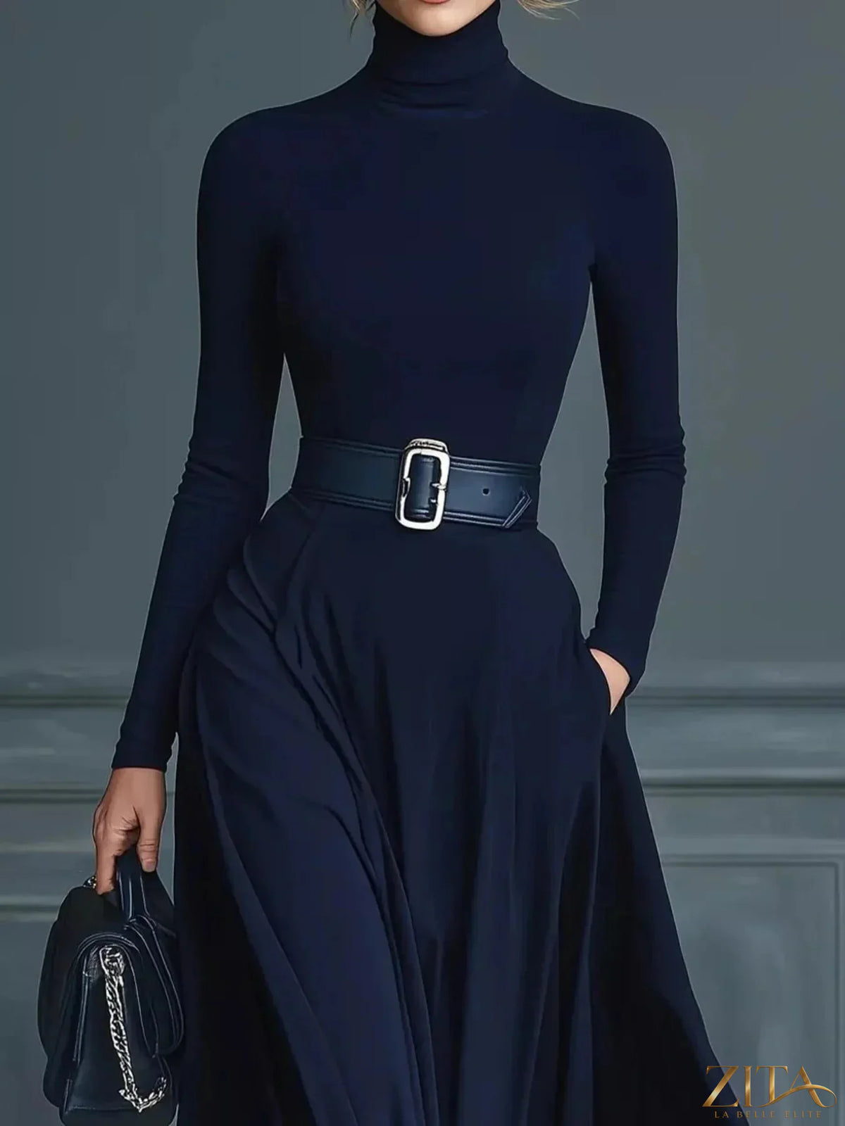 Zita La Belle Elite turtleneck long sleeve maxi dress in soft fabric, full-length with fitted silhouette and elegant design.
