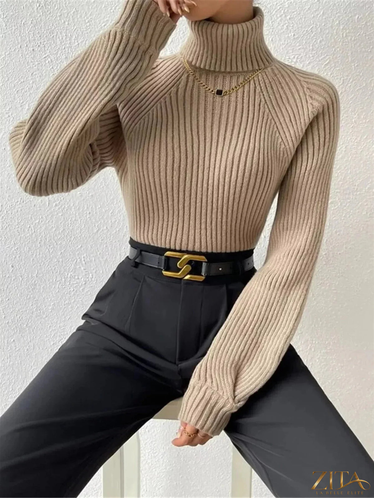 Zita La Belle Elite ribbed knit turtleneck sweater in a cozy, fitted design with a high collar and textured ribbed pattern.