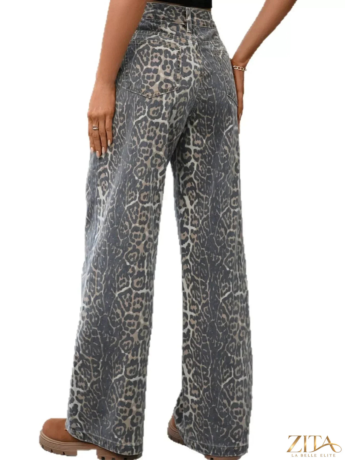 Leopard print wide-leg high waist jeans by Zita La Belle Elite, showcasing the stylish fit and bold animal pattern.