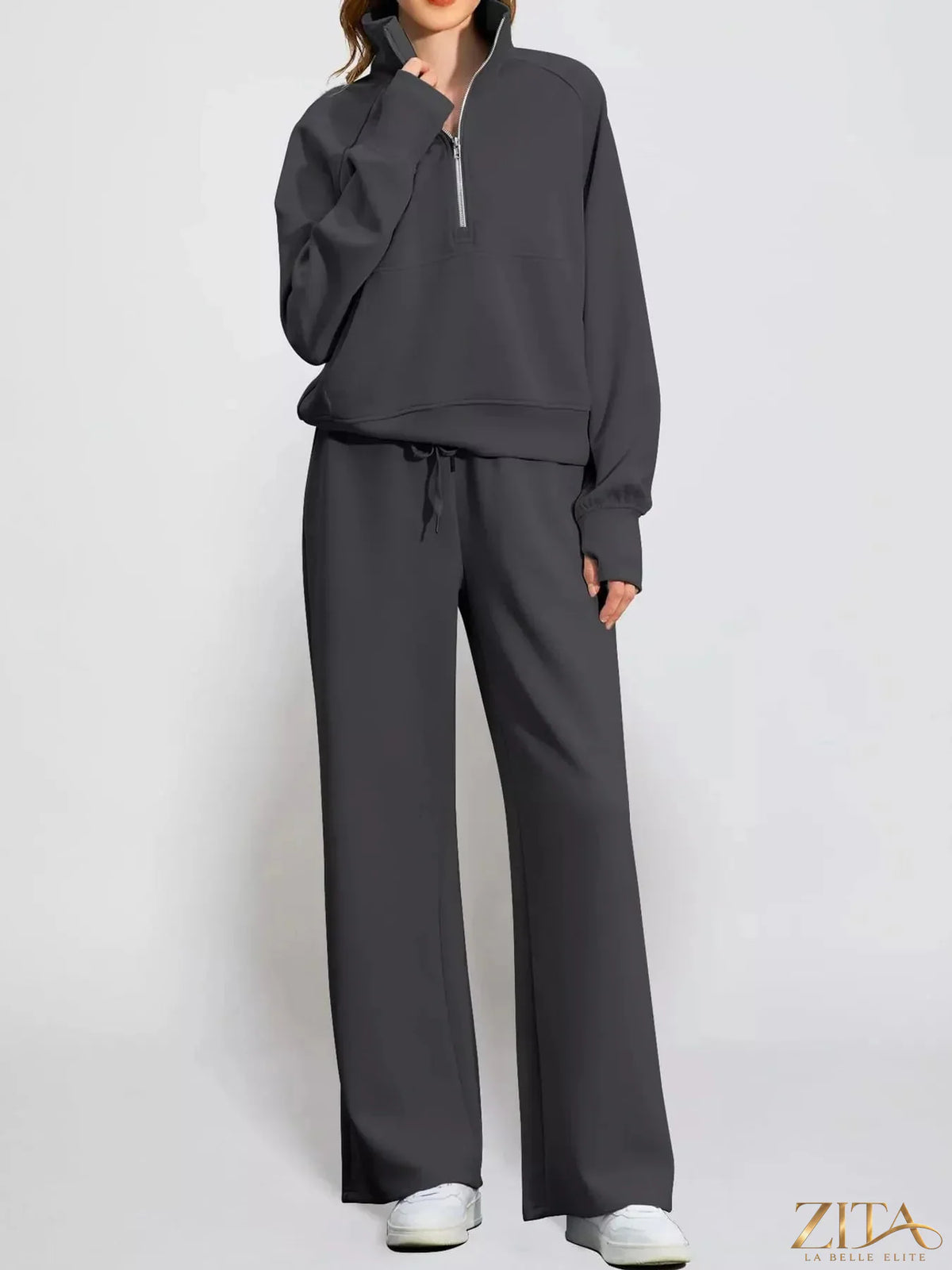 Zita La Belle Elite half-zip sweatshirt and wide-leg pants set, featuring a cozy sweatshirt with a half-zip and flowy matching pants.