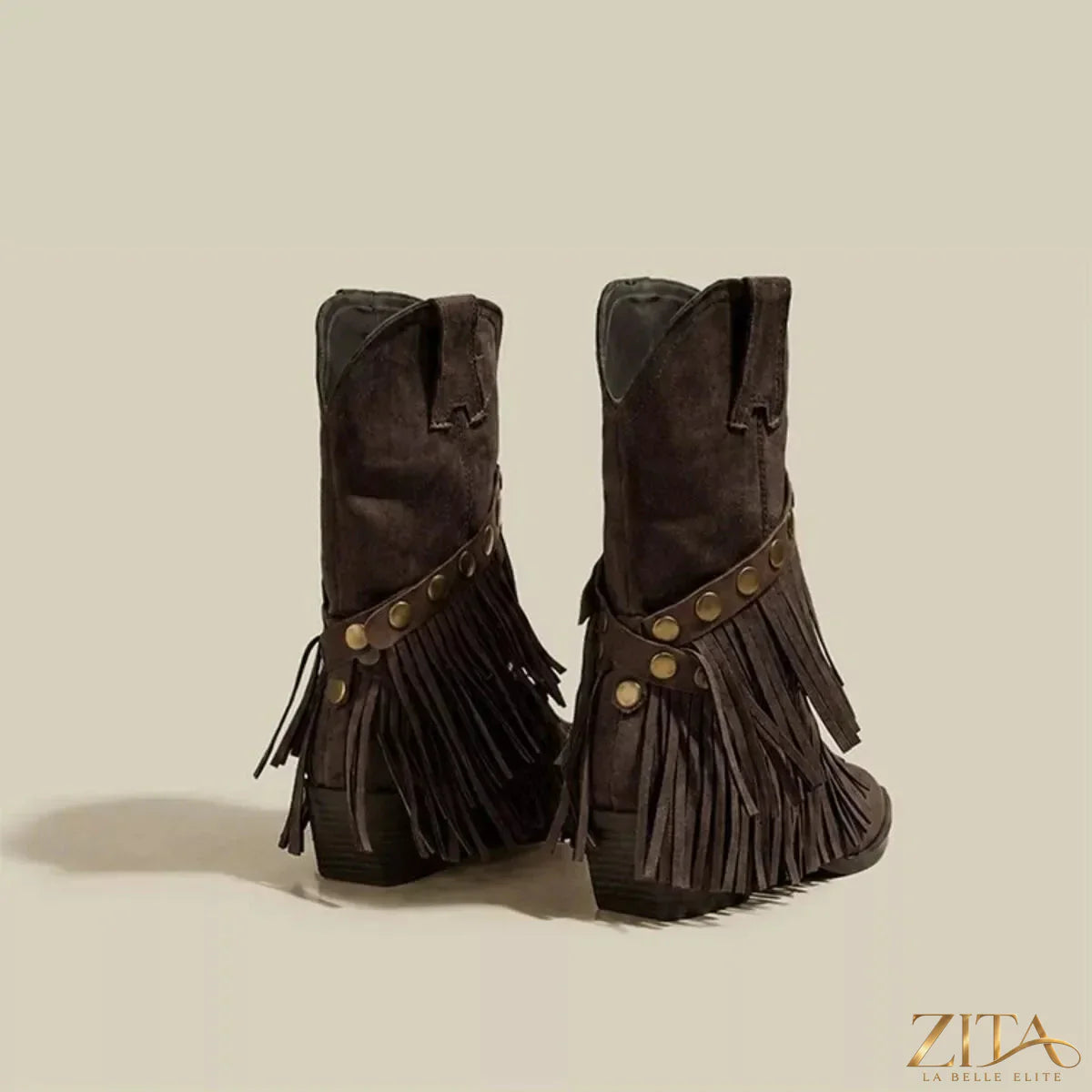 Zita La Belle Elite vintage suede western fringe boots with studded straps and intricate detailing.