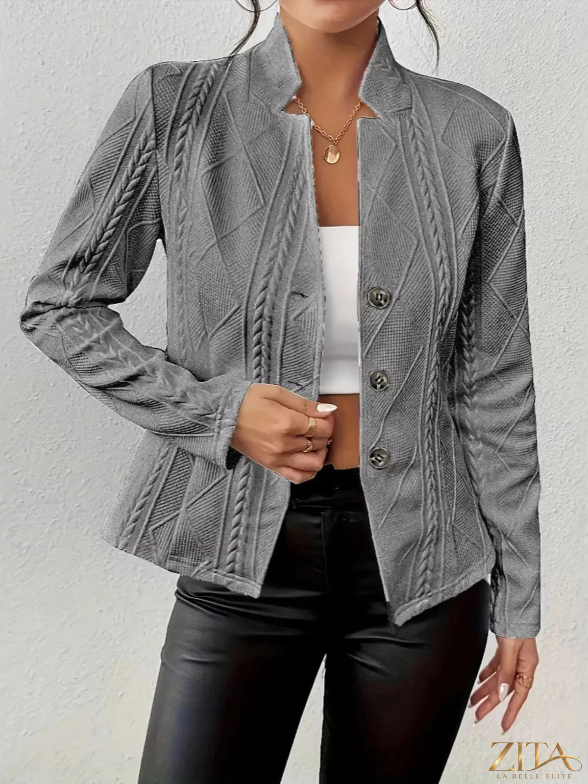 Zita La Belle Elite textured knit button-front blazer showing a tailored fit and stylish design in a close-up image.