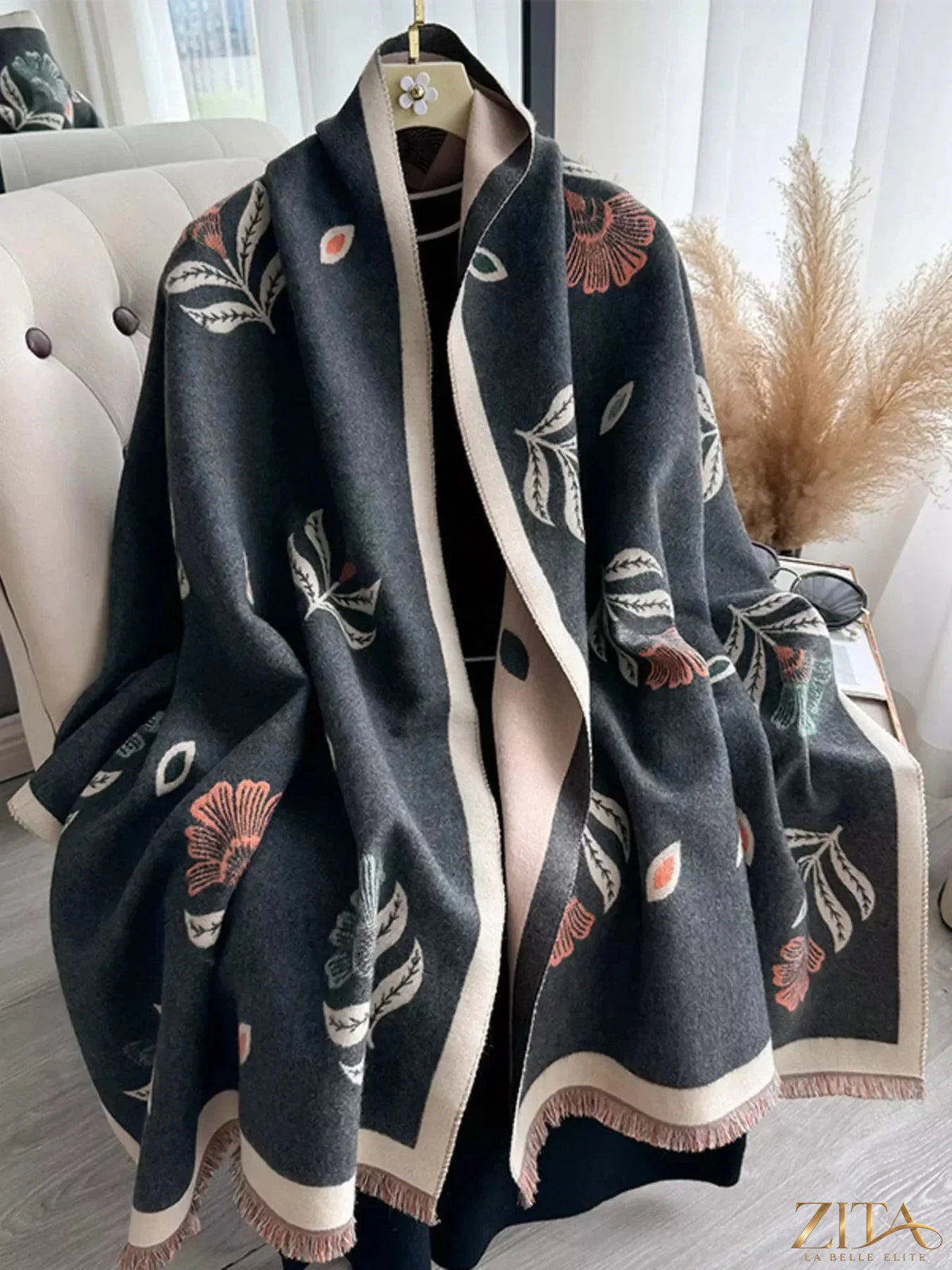 Printed raw hem shawl by Zita La Belle Elite featuring a soft fabric with a stylish, fringed raw edge design