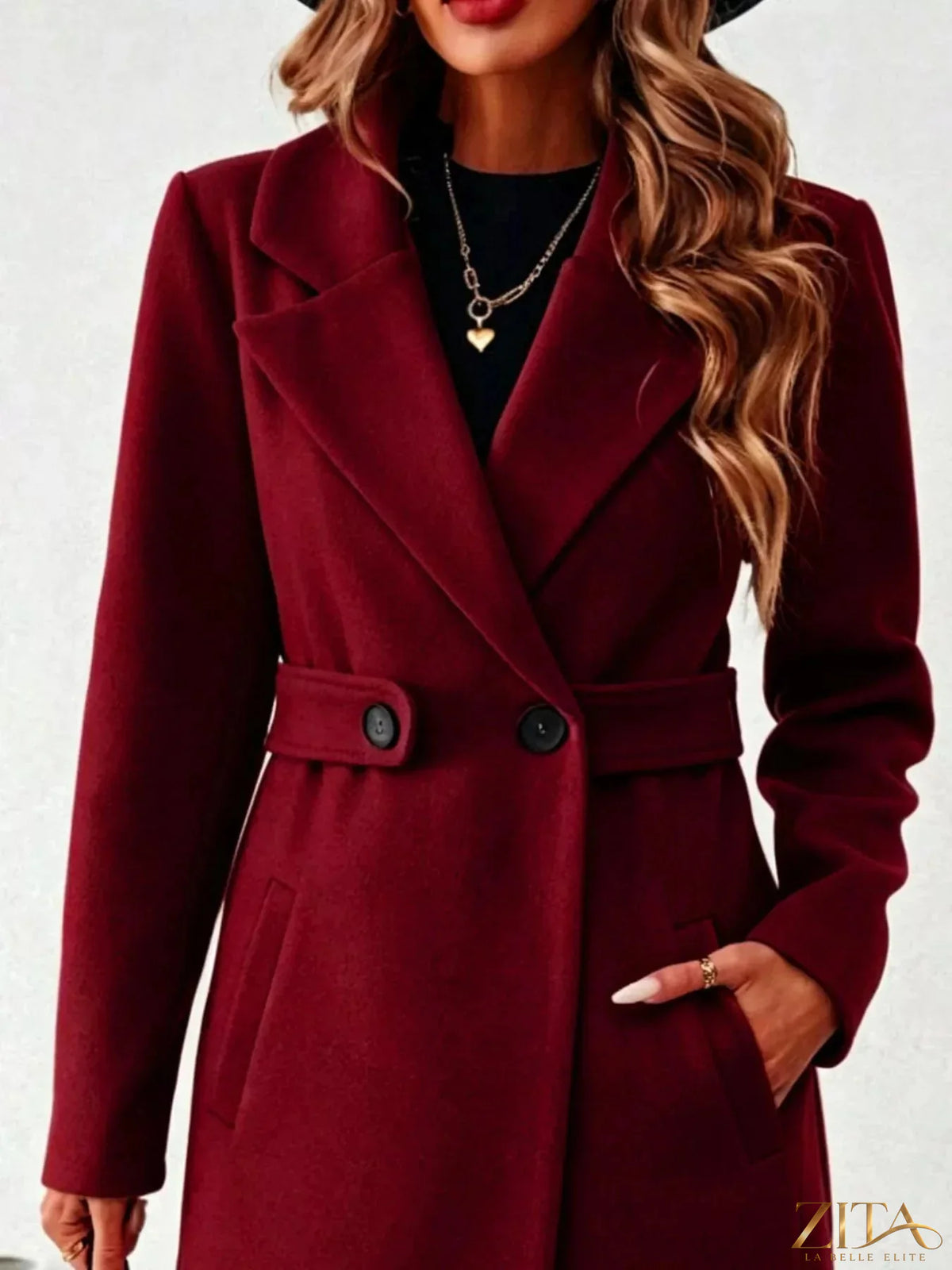 Full size Zita La Belle Elite coat with elegant lapel collar, belted waist, and patch pockets in a stylish, plus size design.