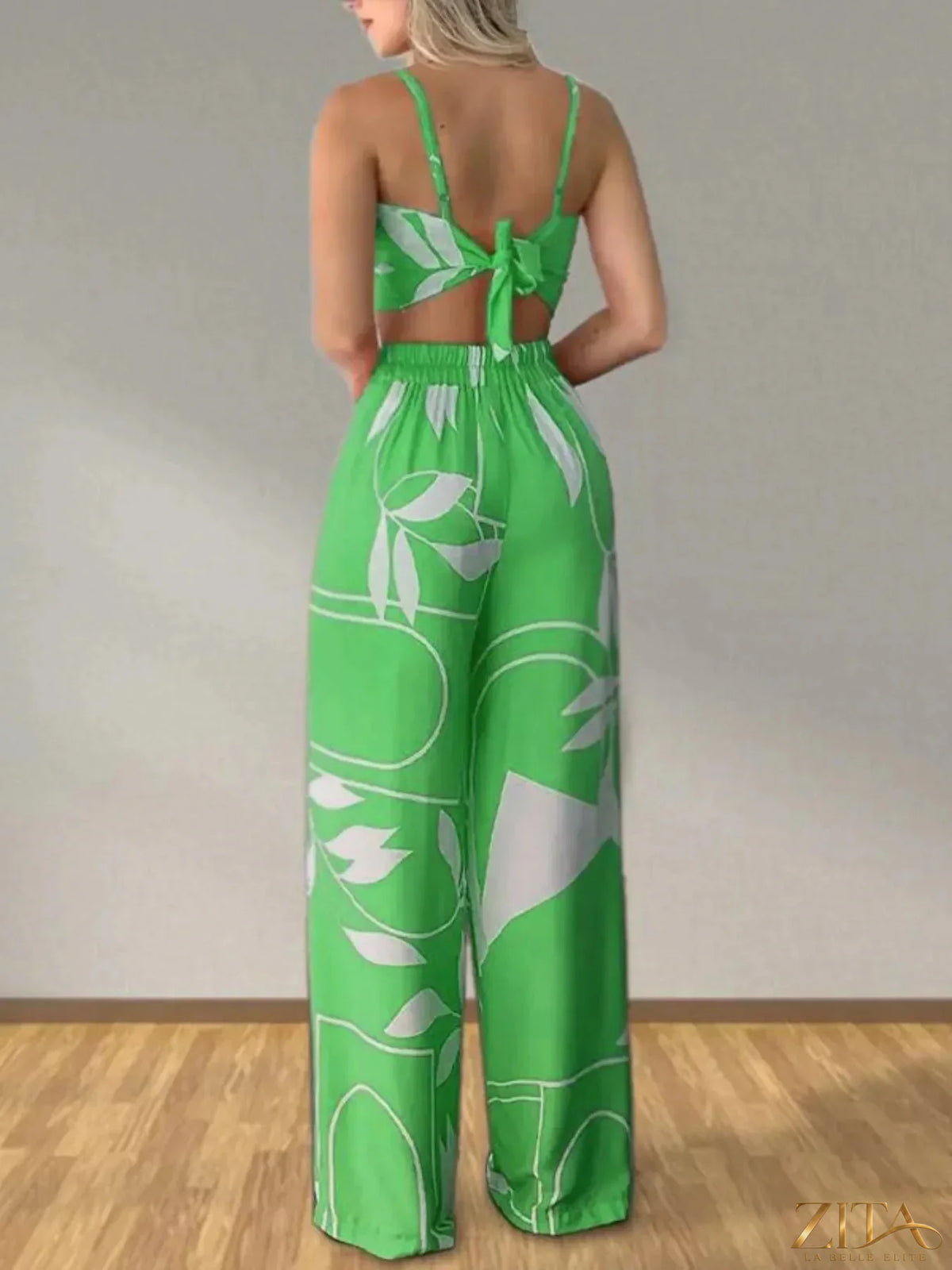 Zita La Belle Elite tropical print spaghetti strap crop top and wide leg pants set, vibrant summer fashion ensemble.