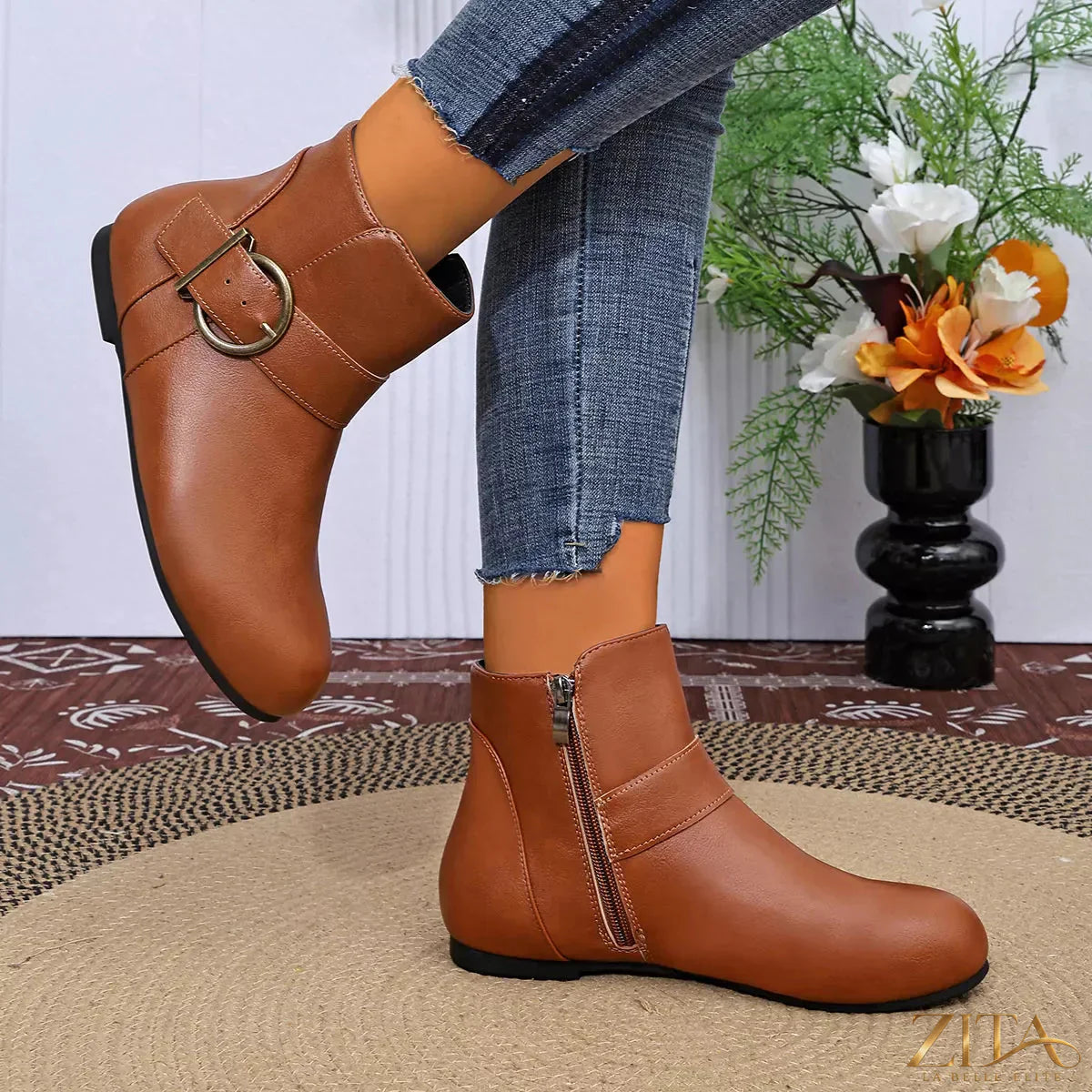 Trendsi round toe ankle boots with a sleek design, featuring a smooth leather finish and ankle-height silhouette.