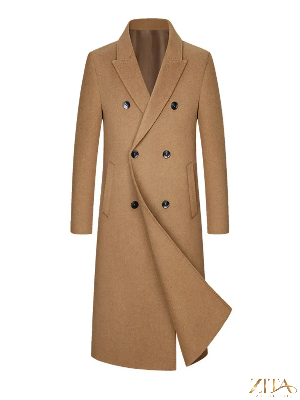 Men's plus size double-breasted longline coat by Zita La Belle Elite, shown in black with tailored fit and classic collar.