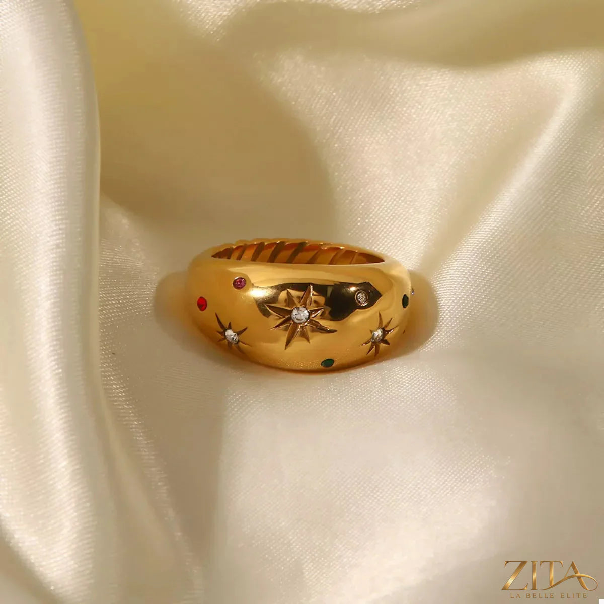 18K gold-plated zircon ring by Zita La Belle Elite with sparkling zircon stones and intricate band design.