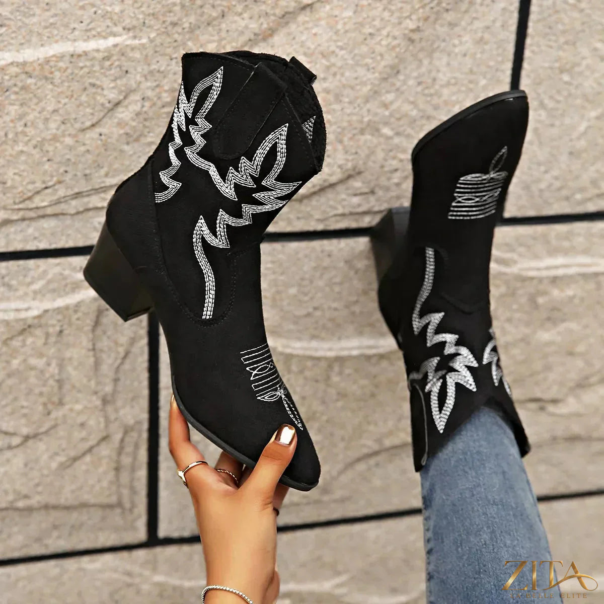 Zita La Belle Elite point toe block heel boots featuring sleek silhouette and stylish design, shown on a white background.