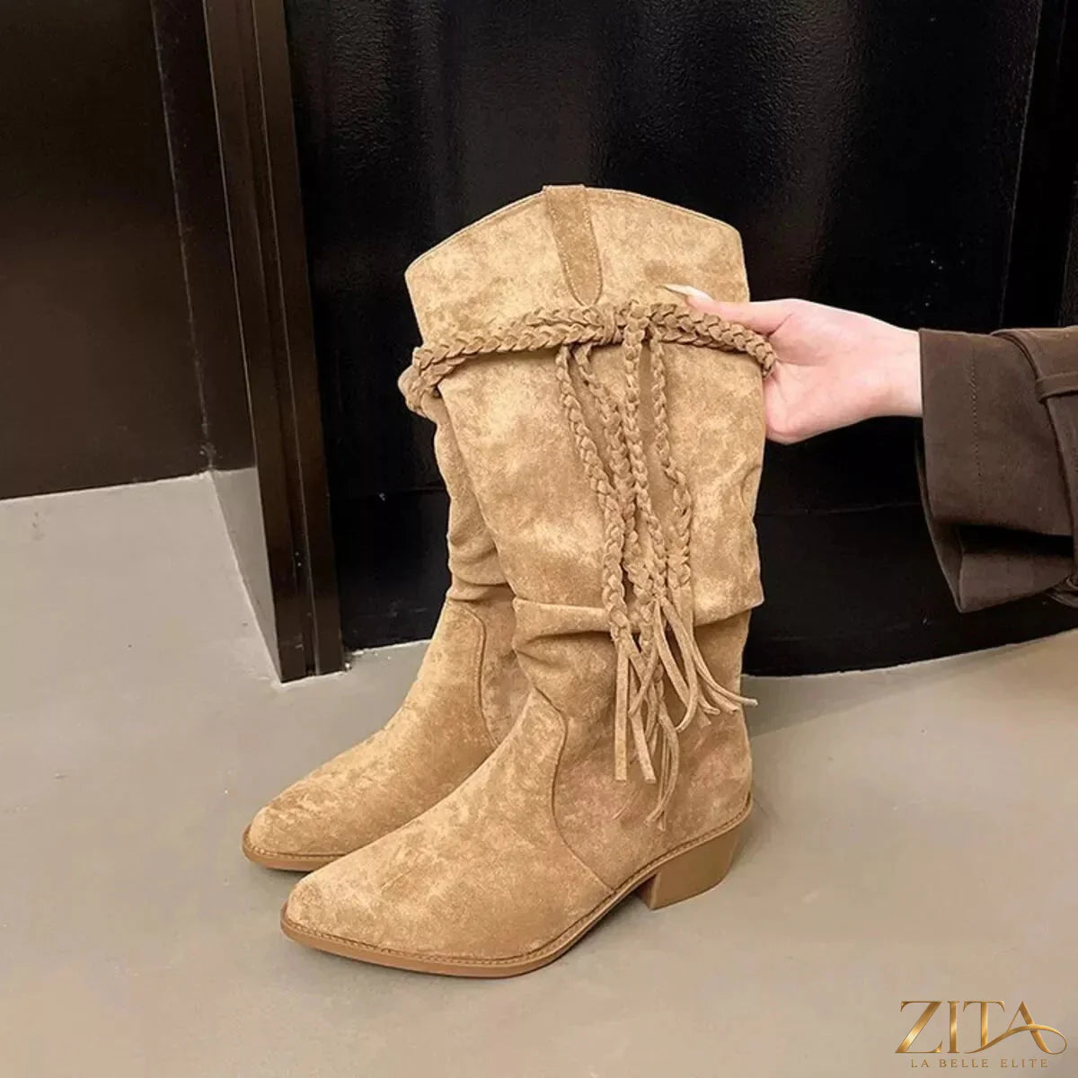 Zita La Belle Elite point toe block heel boots with sleek design and stylish silhouette, shown in black leather on a white background.