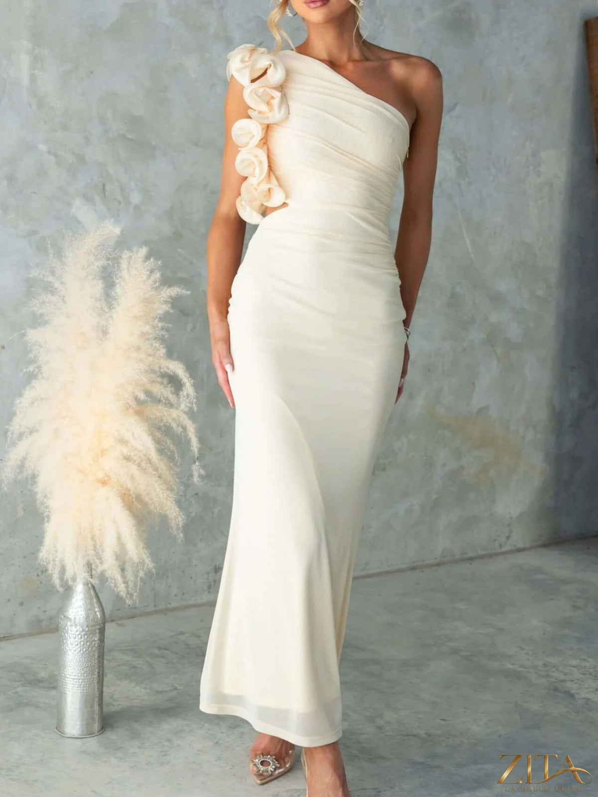 Zita La Belle Elite one-shoulder floral trim sleeveless maxi dress with flowing fabric and elegant design.