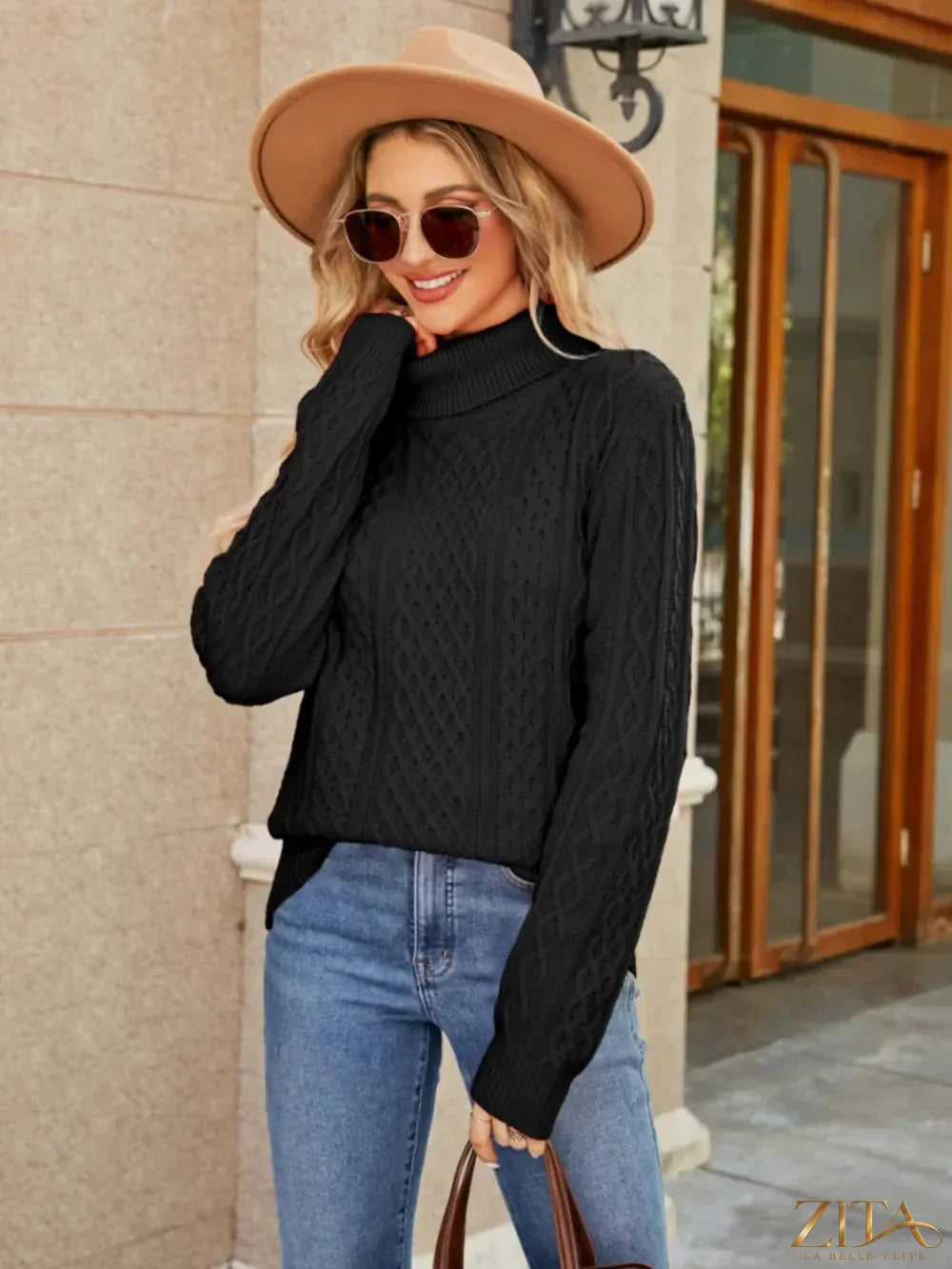 Zita La Belle Elite cable-knit mock neck sweater in cozy, textured knit fabric, close-up of the stylish neckline and detailed stitching.