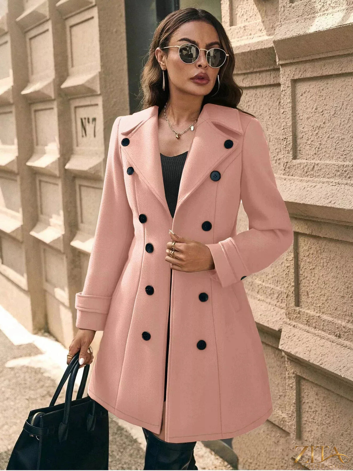 Zita La Belle Elite double-breasted wool blend overcoat, front view with lapels and tailored fit, stylish winter outerwear