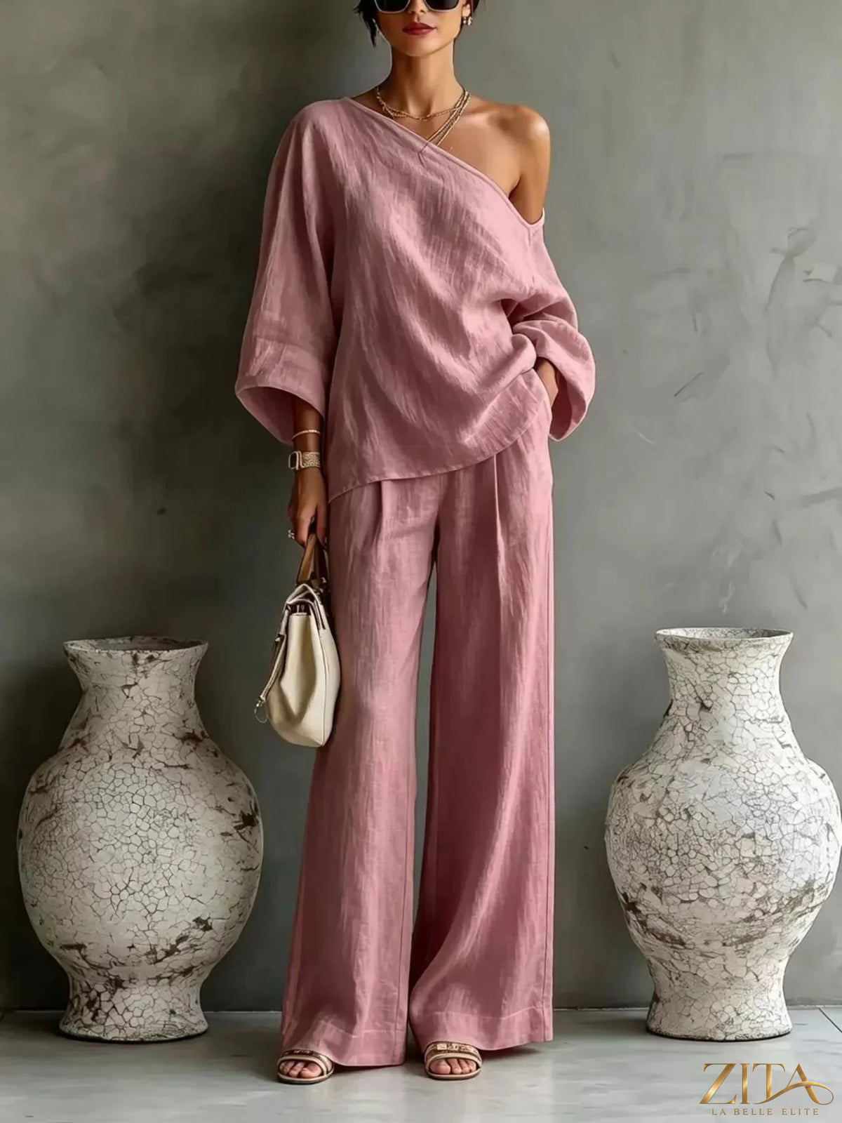 Zita La Belle Elite one shoulder top and wide leg pants set, featuring a stylish asymmetrical top and flowing wide-leg trousers.