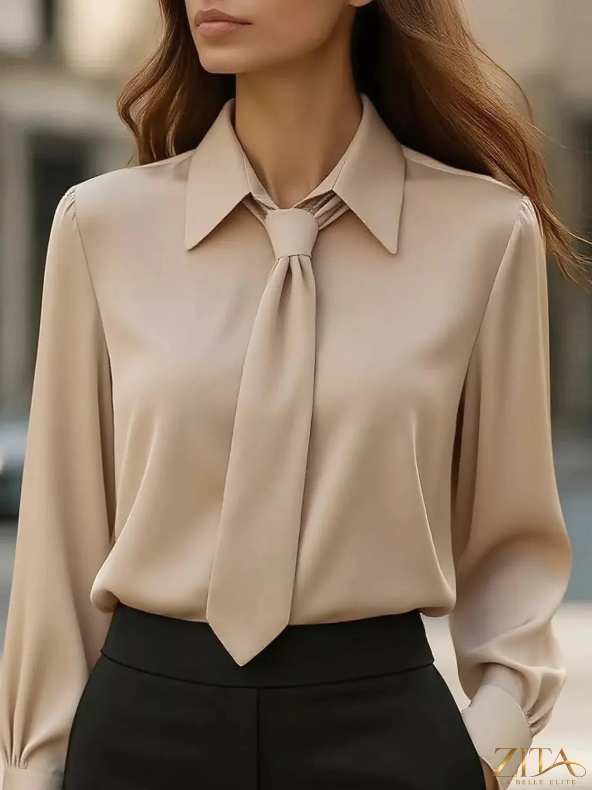 Zita La Belle Elite tie-neck long sleeve blouse with elegant fabric and classic design, displayed on a model.