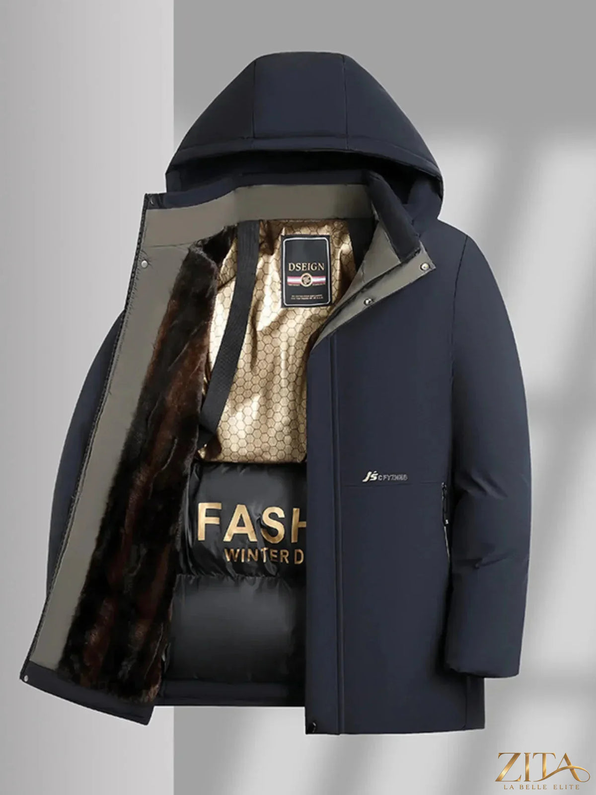Men's plus size winter coat with thermal lining and hood by Zita La Belle Elite, showing the warm, insulated interior and stylish exterior.