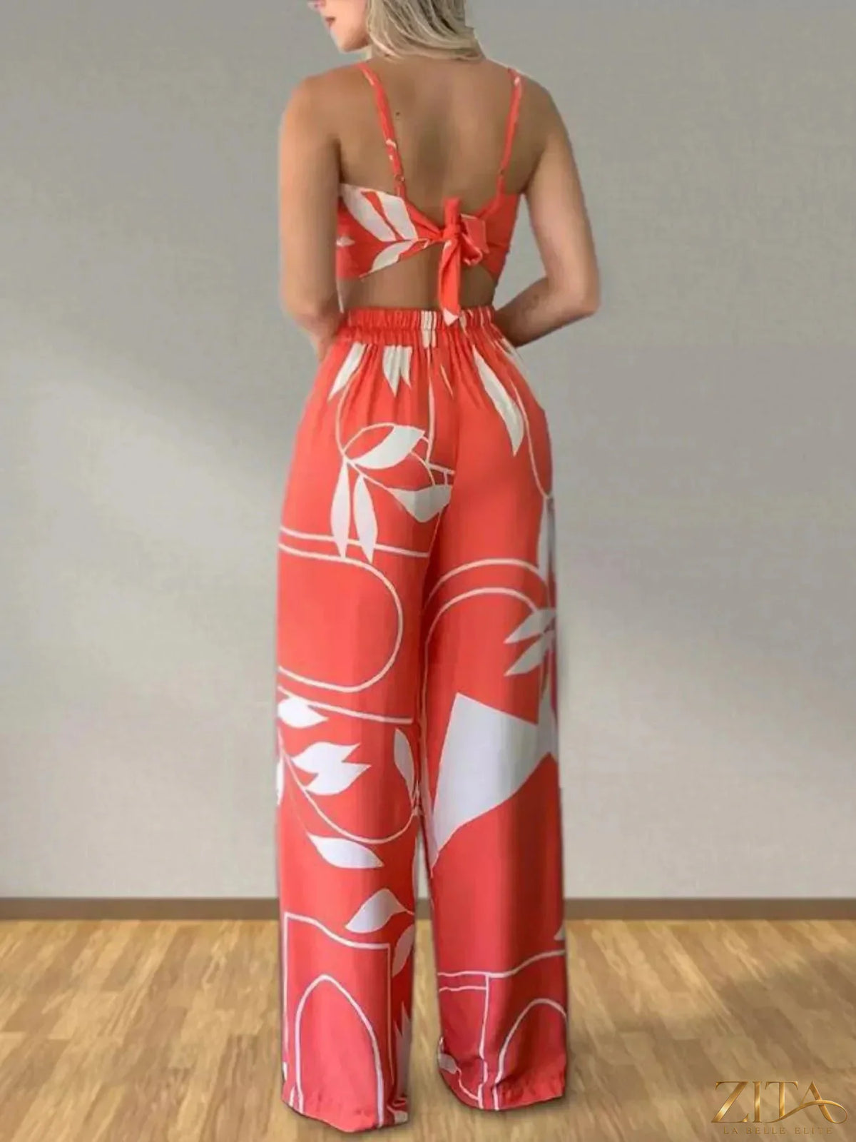 Zita La Belle Elite tropical print spaghetti strap crop top and wide-leg pants set, featuring vibrant patterns and lightweight fabric.