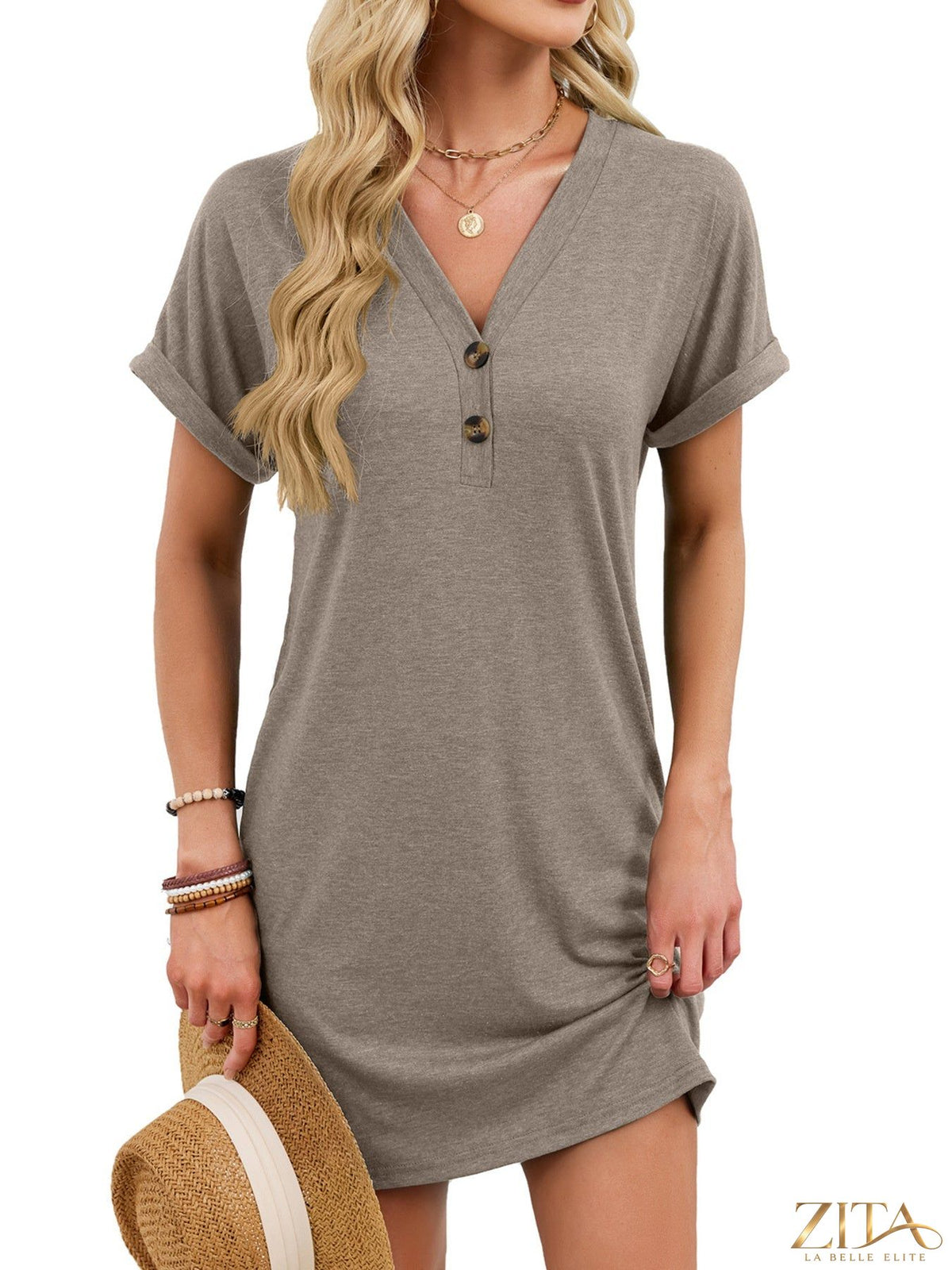 Zita La Belle Elite casual V-neck short sleeve T-shirt dress in soft fabric, displayed on a hanger.