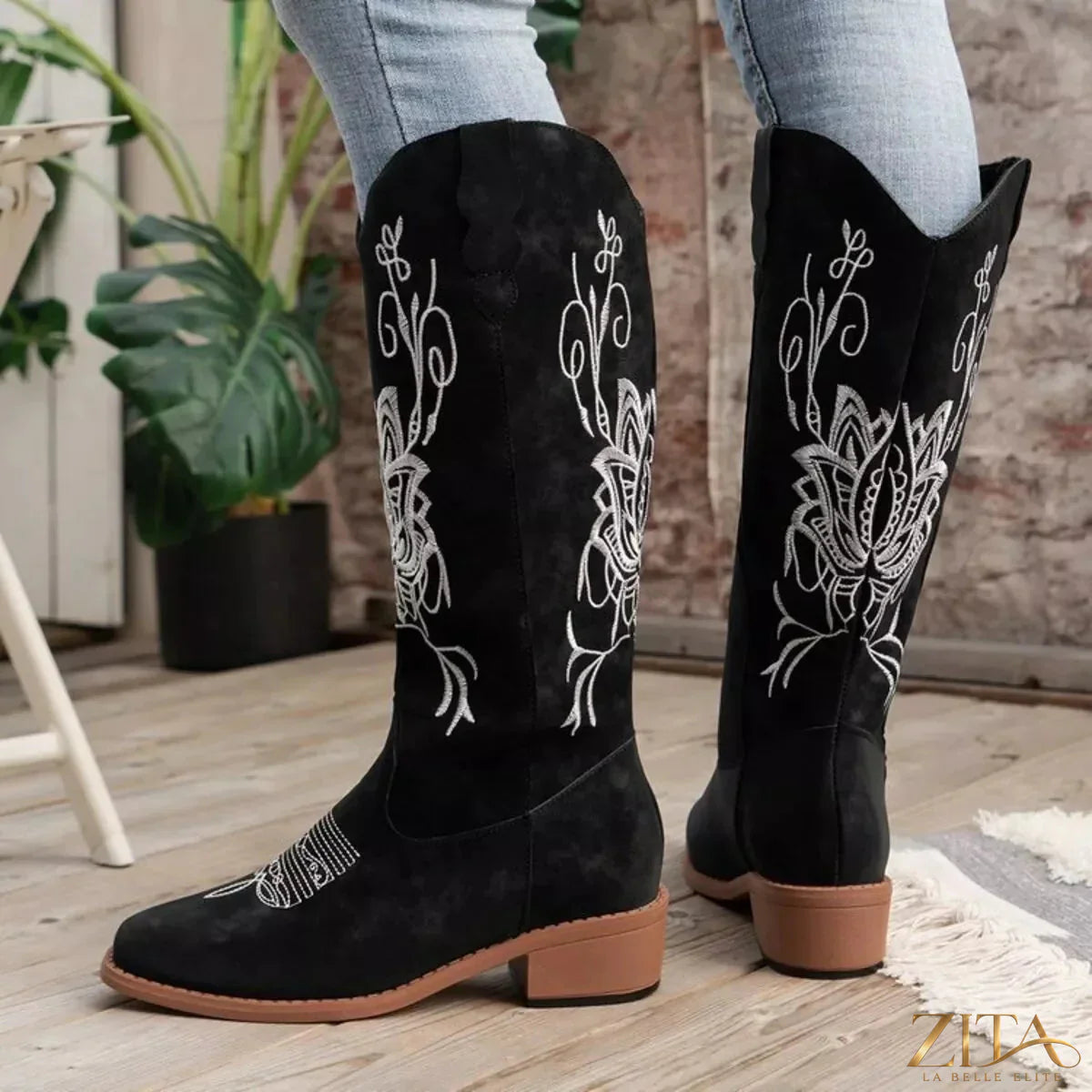 Zita La Belle Elite embroidered block heel boots featuring intricate embroidery and stylish design for fashionable footwear.