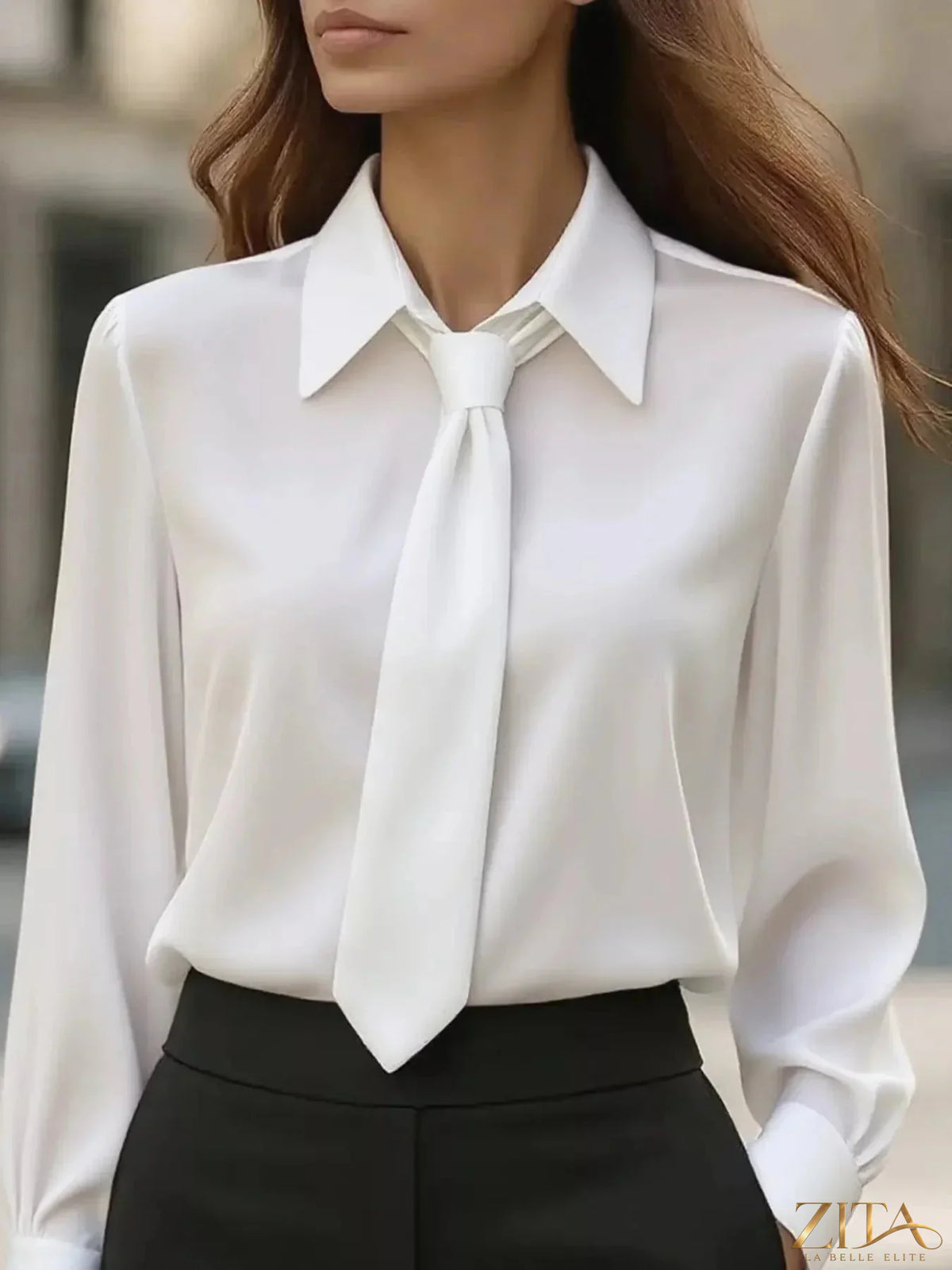 Zita La Belle Elite tie-neck long sleeve blouse in soft fabric, featuring a stylish tie detail at the neckline.