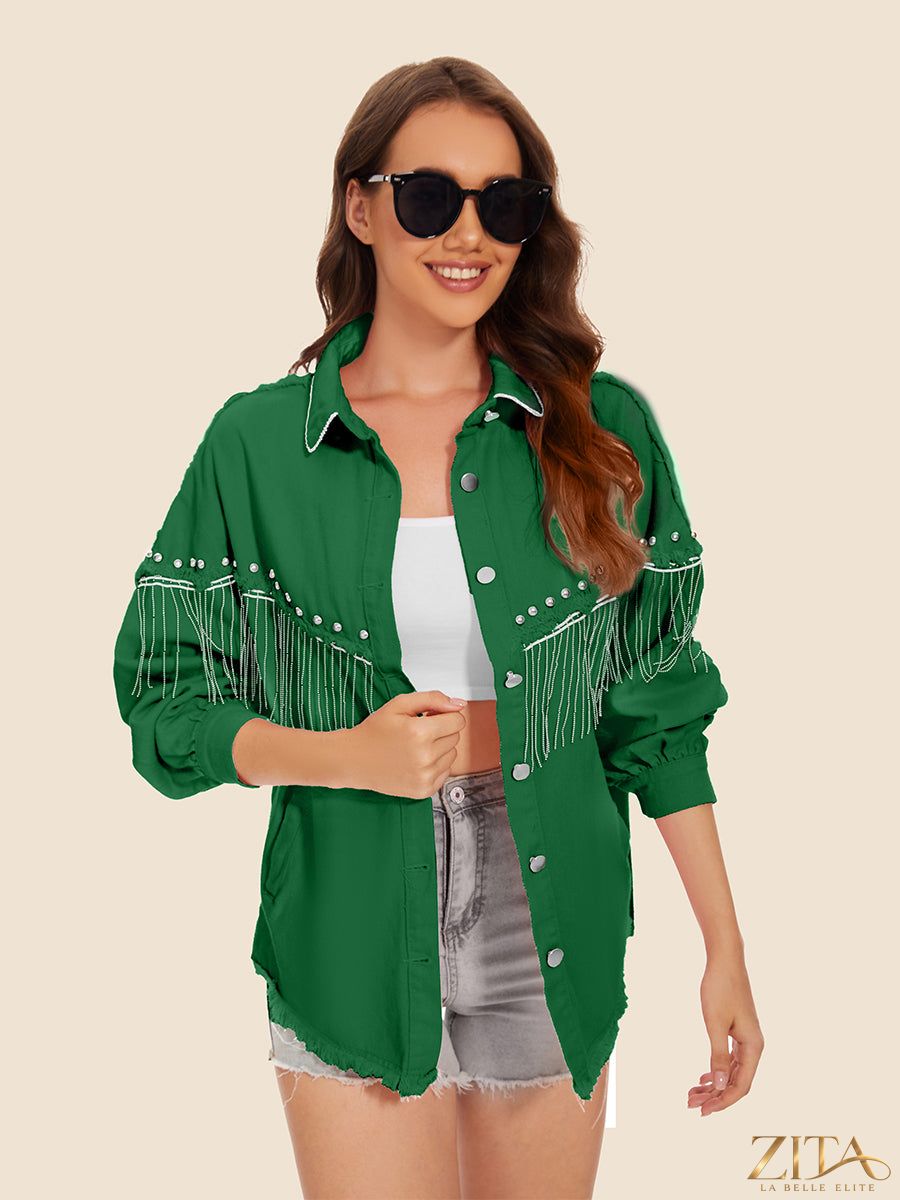 Zita La Belle Elite raw hem fringe denim jacket with distressed details and stylish fringe accents on the sleeves and hem.