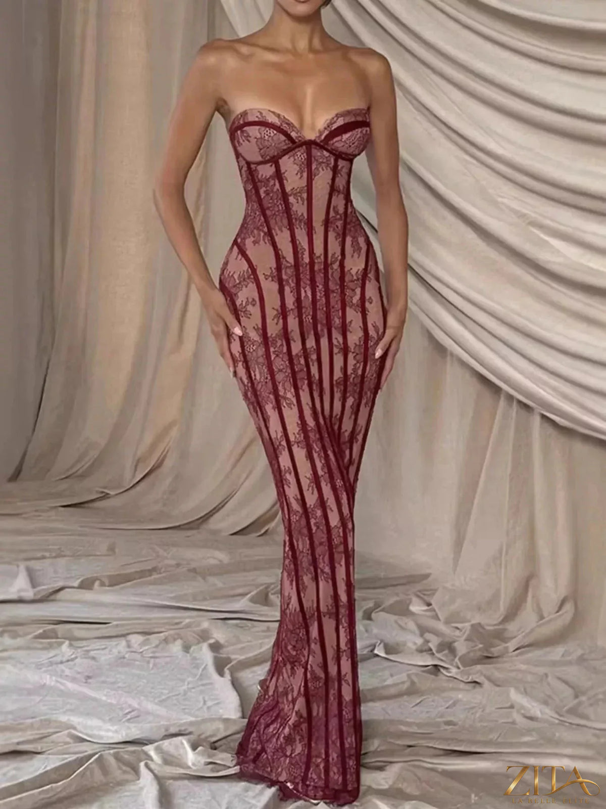 Zita La Belle Elite lace-up back strapless maxi dress with flowing fabric and elegant design, perfect for formal occasions.