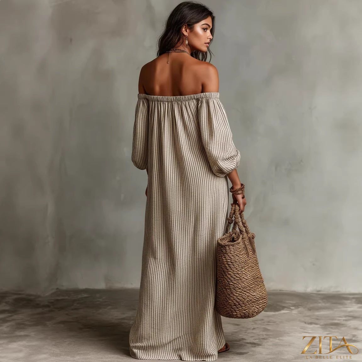 Women's off-shoulder long-sleeve maxi dress by Zita La Belle Elite, casualwear with flowing fabric and stylish design.