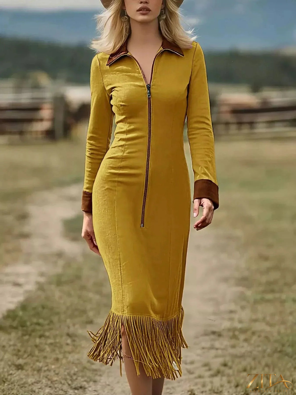 Plus size full length midi dress with fringe hem and zip front from Trendsi, featuring a stylish and flowing design.