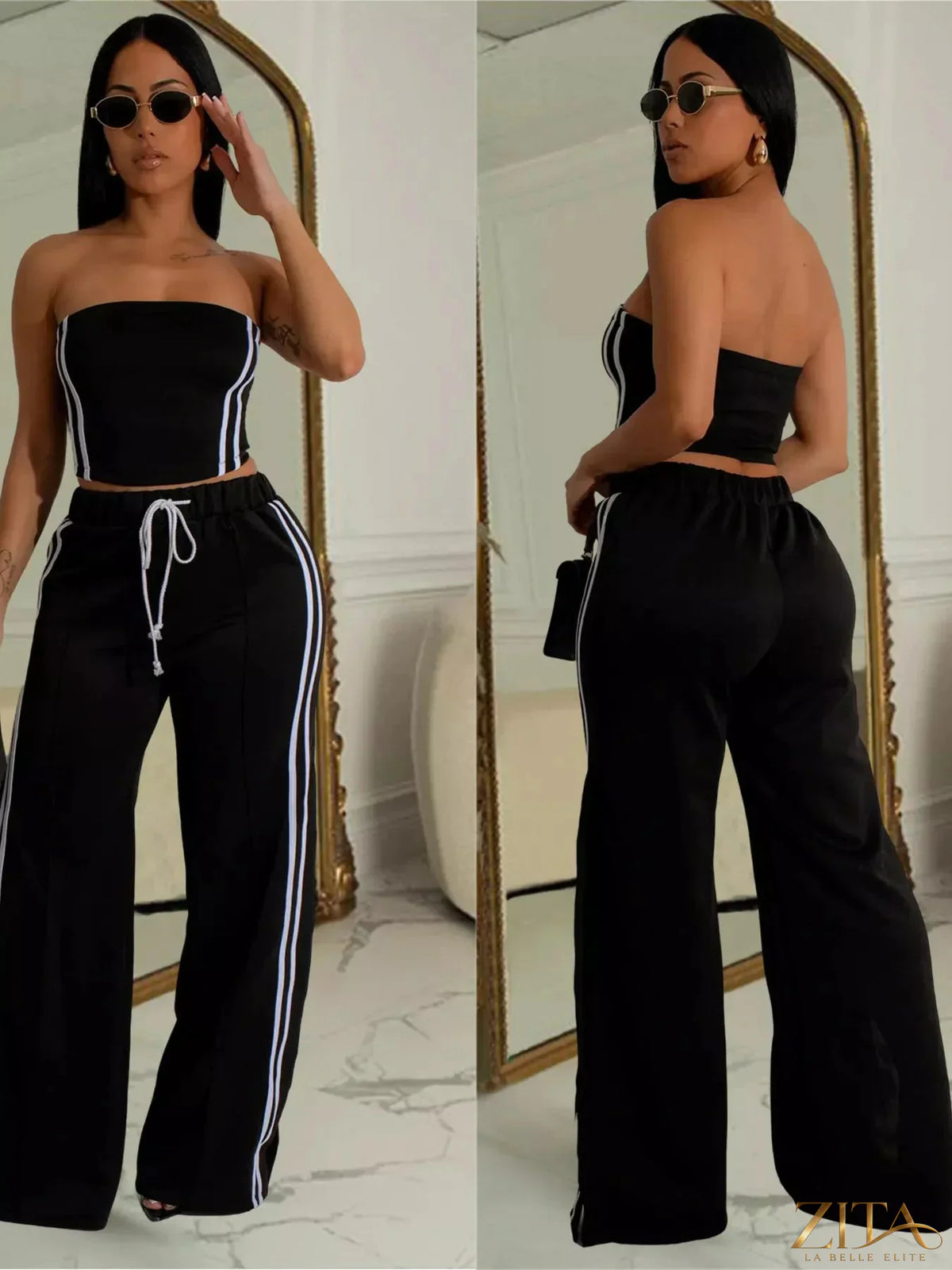 Zita La Belle Elite sleeveless tube top and wide-leg pants set, stylish fashion ensemble with a fitted top and flowing pants.