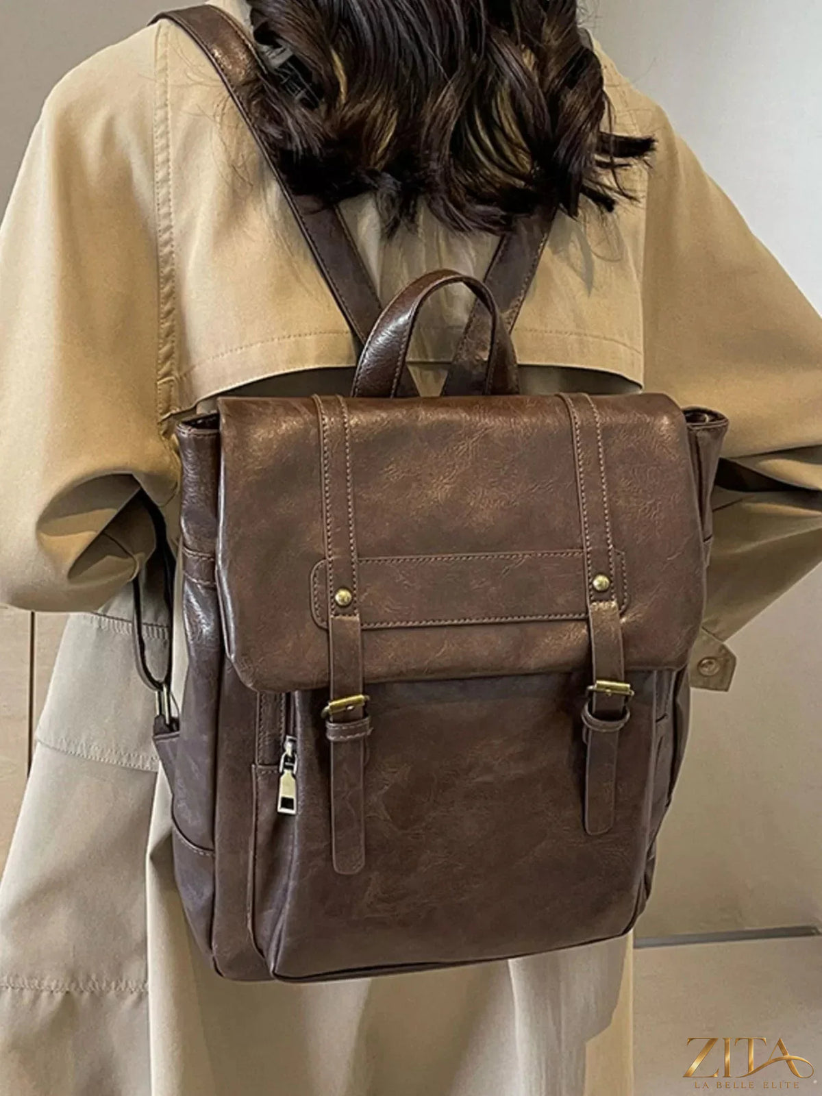 Leather flap backpack bag in rich brown with adjustable straps and spacious interior, stylish Trendsi leather backpack for everyday use