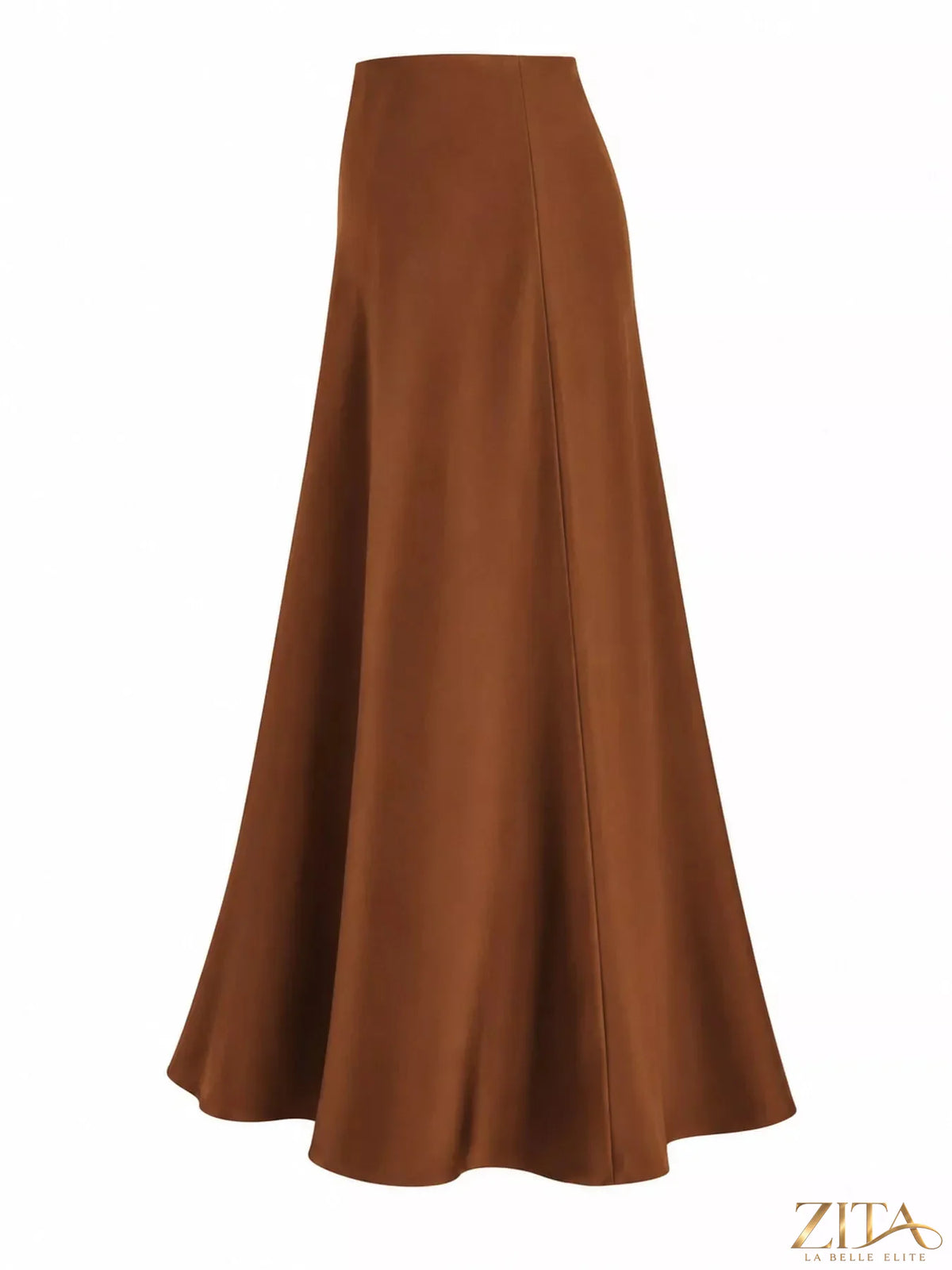 Plus size high-waisted satin midi skirt by Trendsi, full length with a smooth, shiny fabric and elegant design.