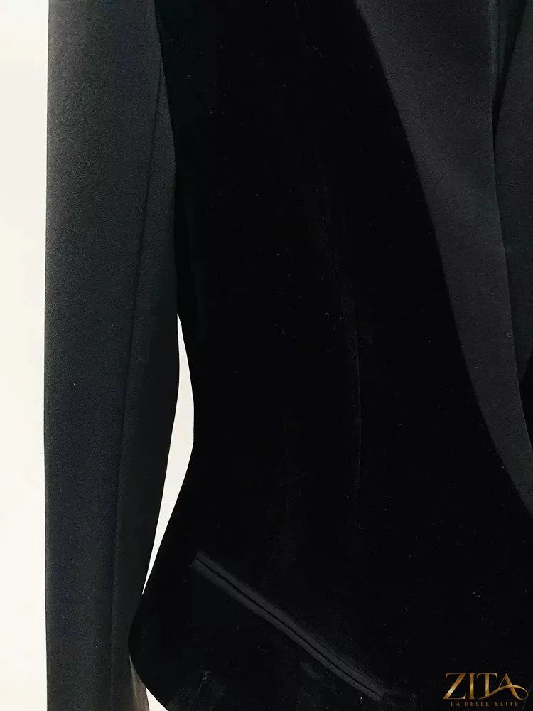 Velvet-paneled blazer with stand-up collar by Zita La Belle Elite, featuring a sleek tailored fit and elegant design.