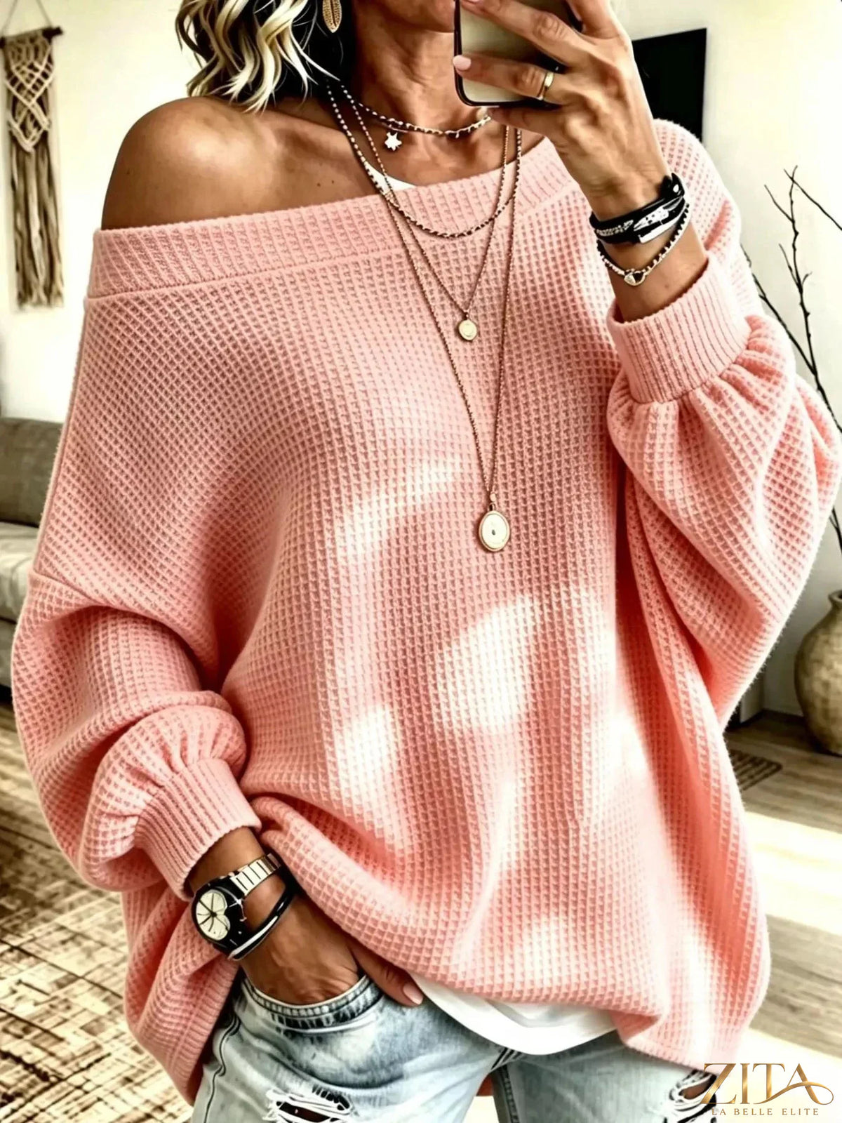 Plus size Zita La Belle Elite waffle knit boat neck sweatshirt featuring a full size fit and cozy waffle texture.