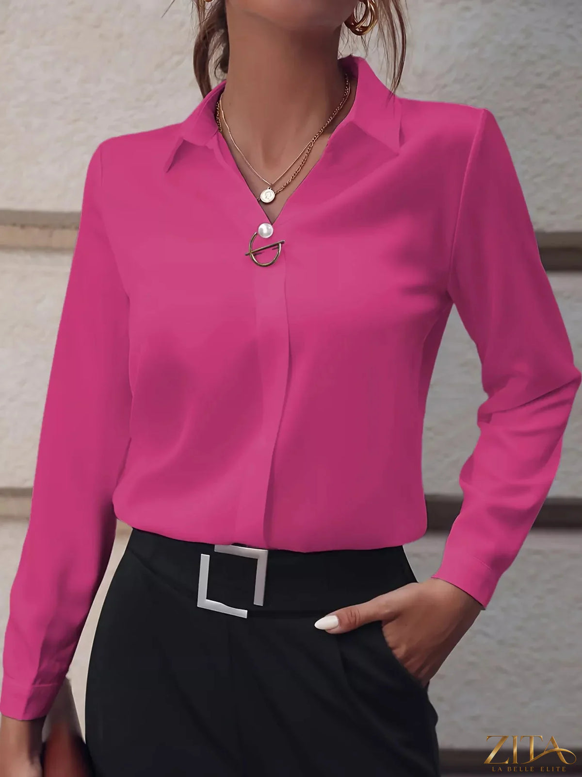 Zita La Belle Elite long sleeve satin blouse in elegant fabric, displayed on a hanger with details of the silky material and tailored fit.
