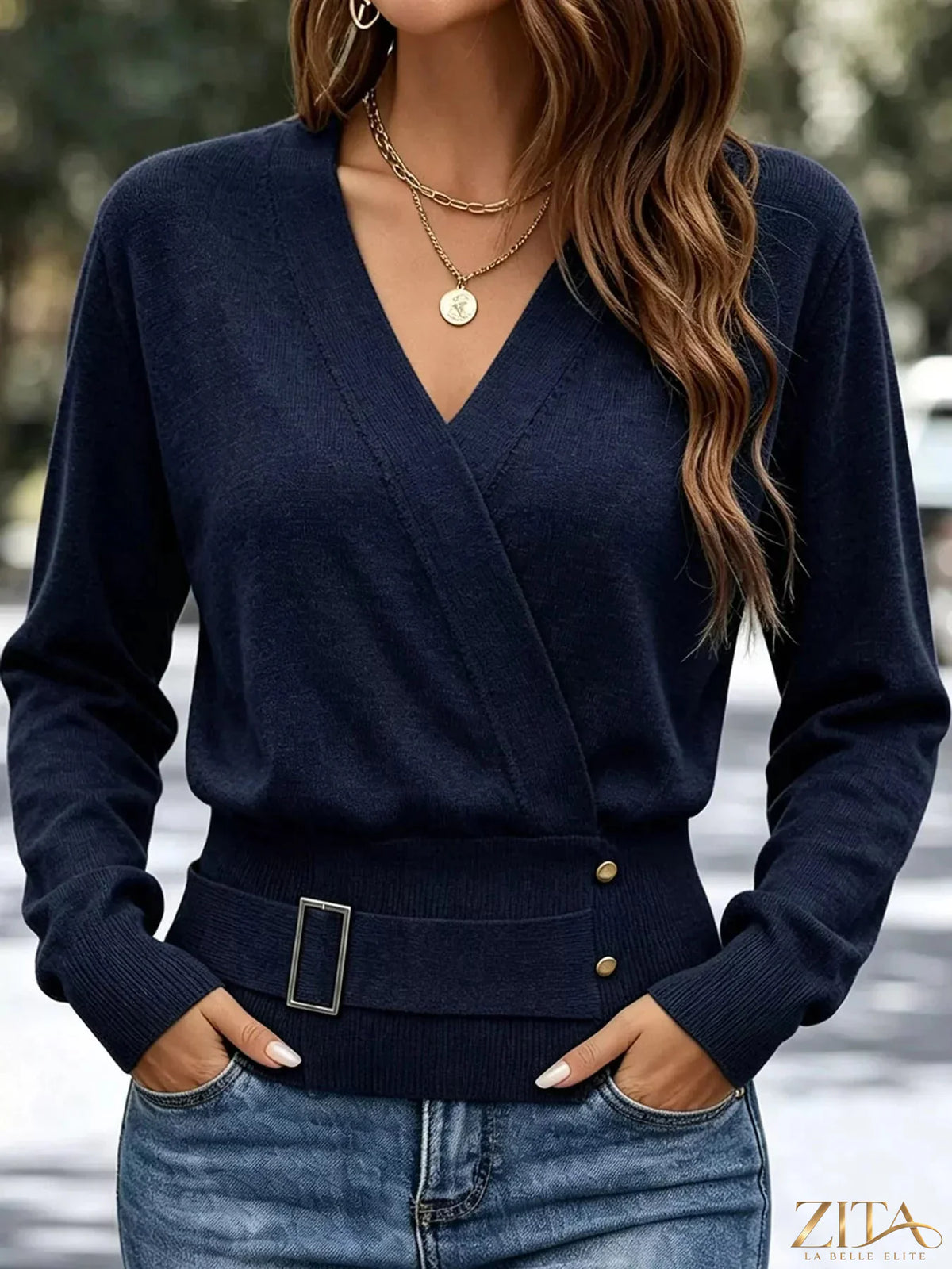 Zita La Belle Elite surplice long sleeve knit top with elastic waist in a stylish, fitted design.