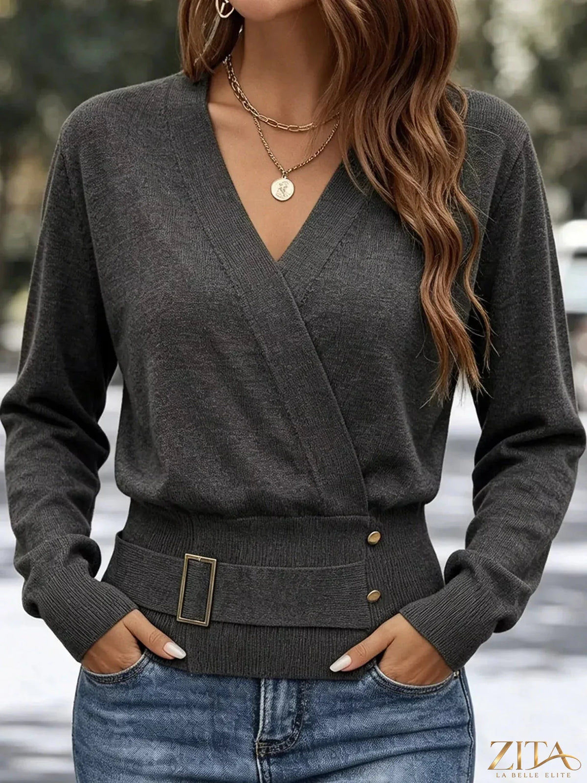 Zita La Belle Elite surplice long sleeve knit top with elastic waist, featuring a stylish and comfortable design.