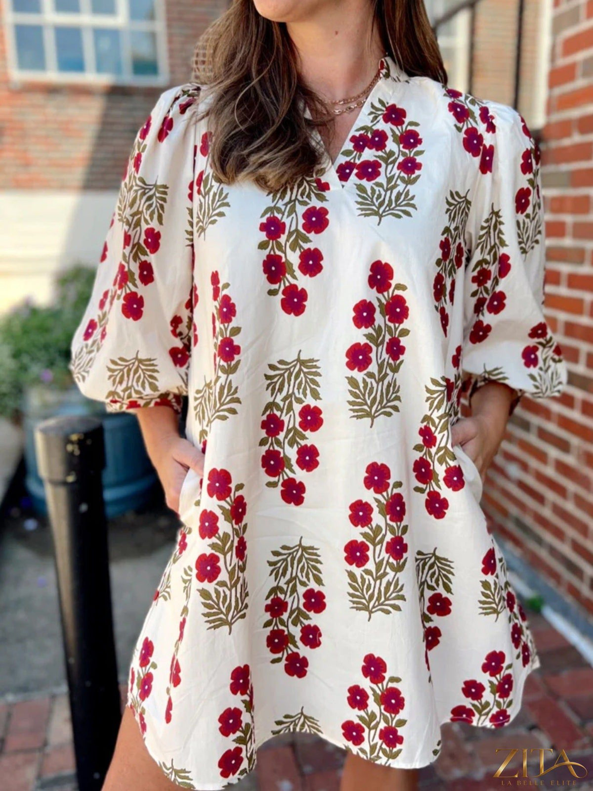 Zita La Belle Elite floral print casual mini dress with short sleeves and v-neck, featuring colorful flower patterns.