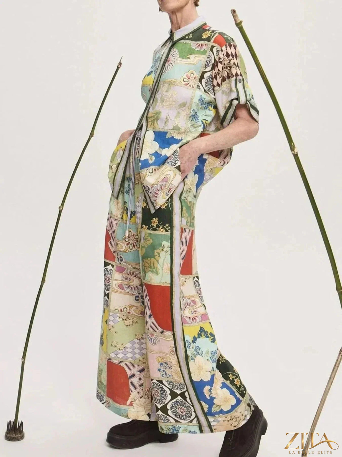 Zita La Belle Elite printed button-up shirt and matching pants set, stylish casual clothing for women.