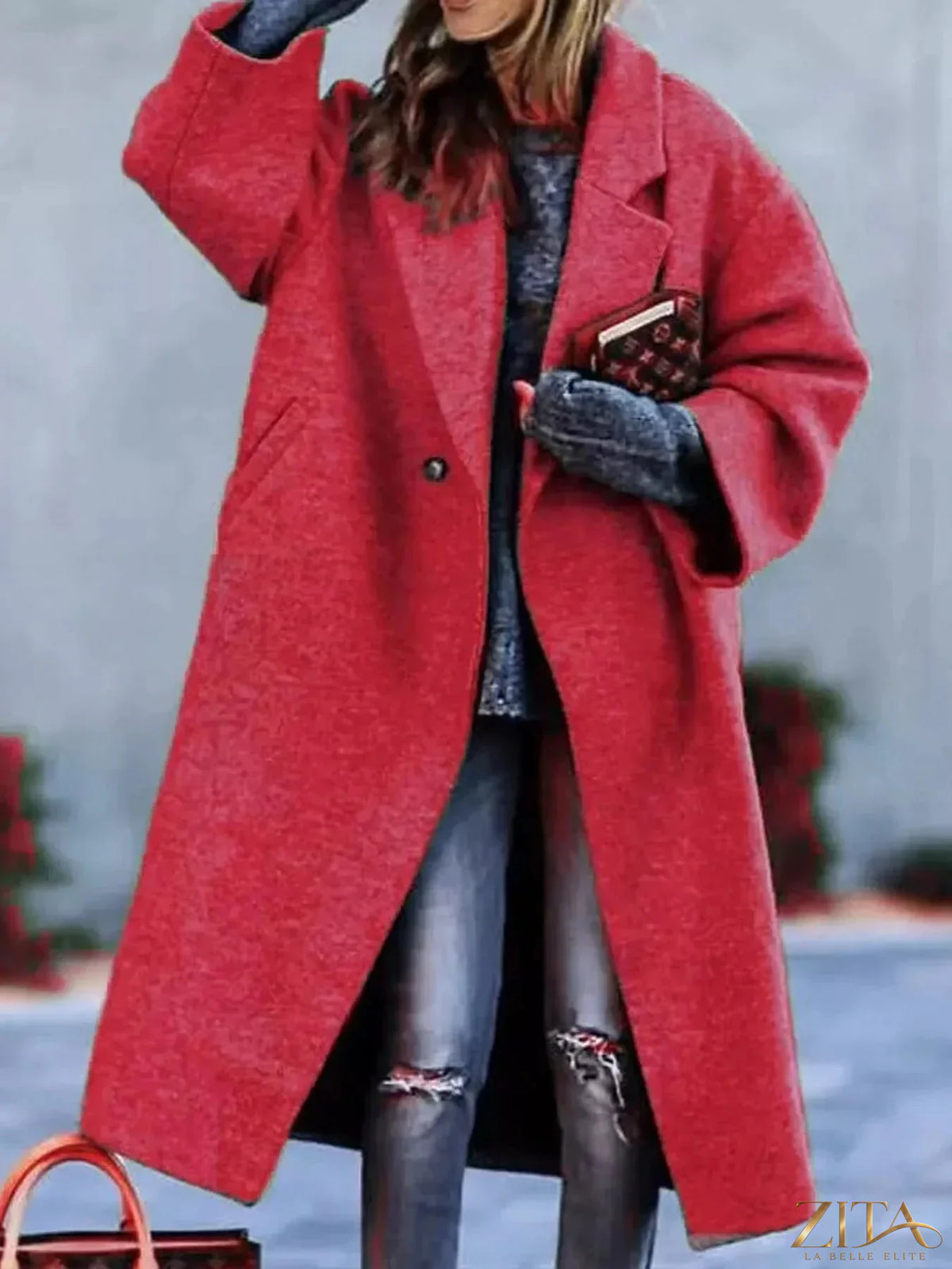 Plus size Zita La Belle Elite coat with lapel collar and one button closure, shown in a full size, stylish outerwear option.