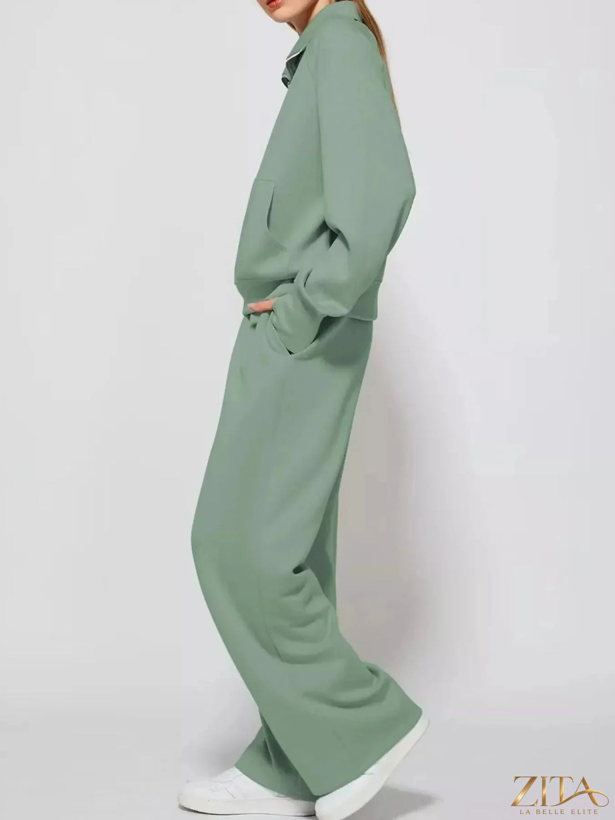 Zita La Belle Elite half-zip sweatshirt with wide-leg pants set, in soft fabric, casual stylish loungewear ensemble.