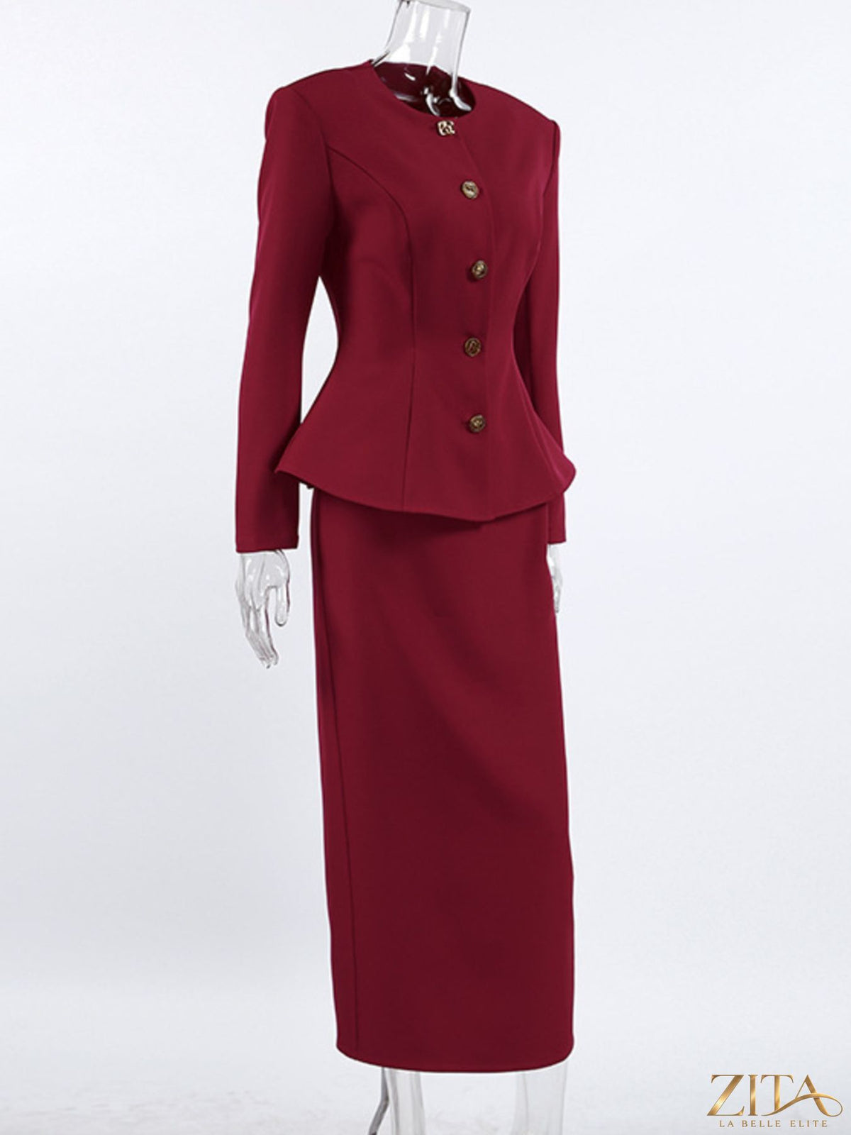 Zita La Belle Elite button-up peplum blazer and matching skirt set, featuring tailored fit and stylish design, on a mannequin.