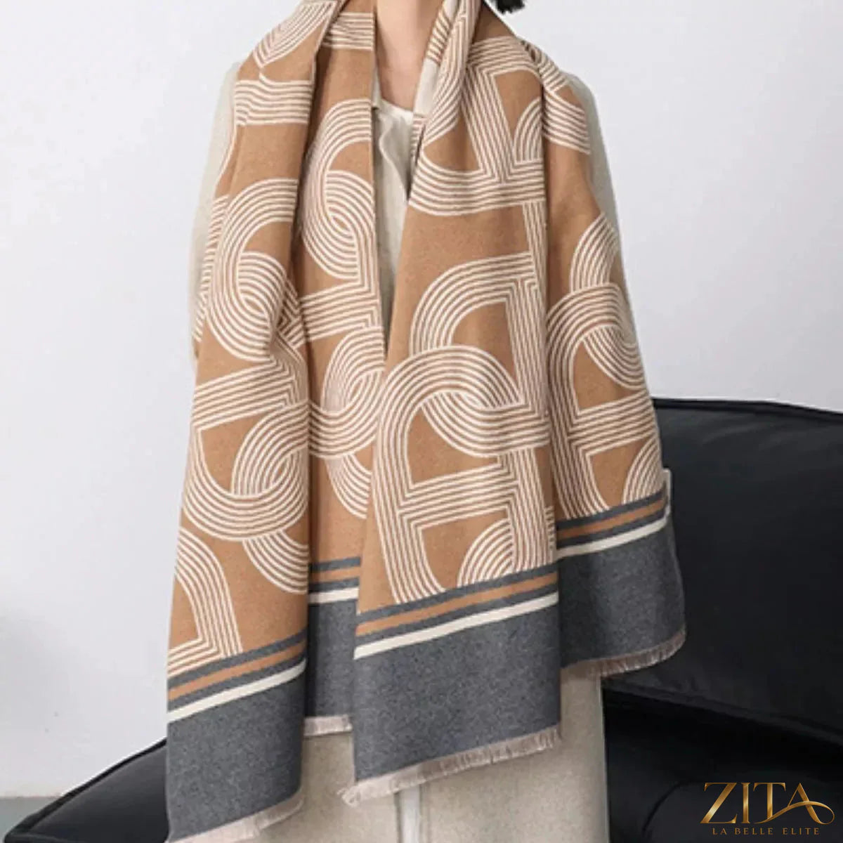 Zita La Belle Elite geometric pattern raw hem scarf with intricate design and fringed edges, lightweight and stylish accessory.