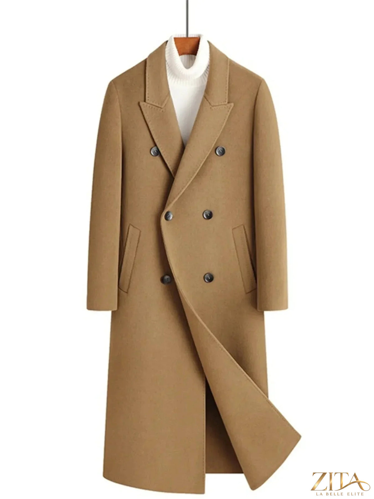 Men's plus size double-breasted wool coat by Zita La Belle Elite, shown in dark gray with a tailored fit and classic lapel design.